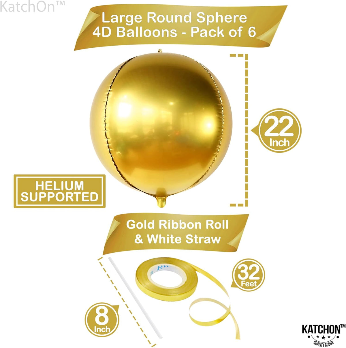 KatchOn, Big Gold Foil Balloon - 22 Inch, Pack of 6 | Gold Mylar Balloons for Golden Party