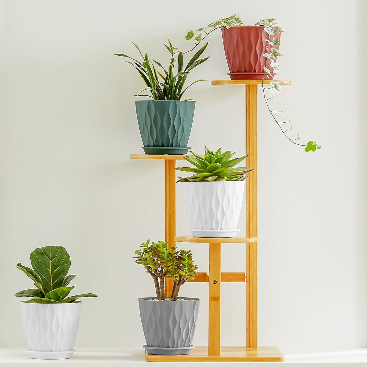 FaithLand 6-Pack 6-Inch Plastic Plant Pots with Saucers | Thickened PP Material, Modern Wave