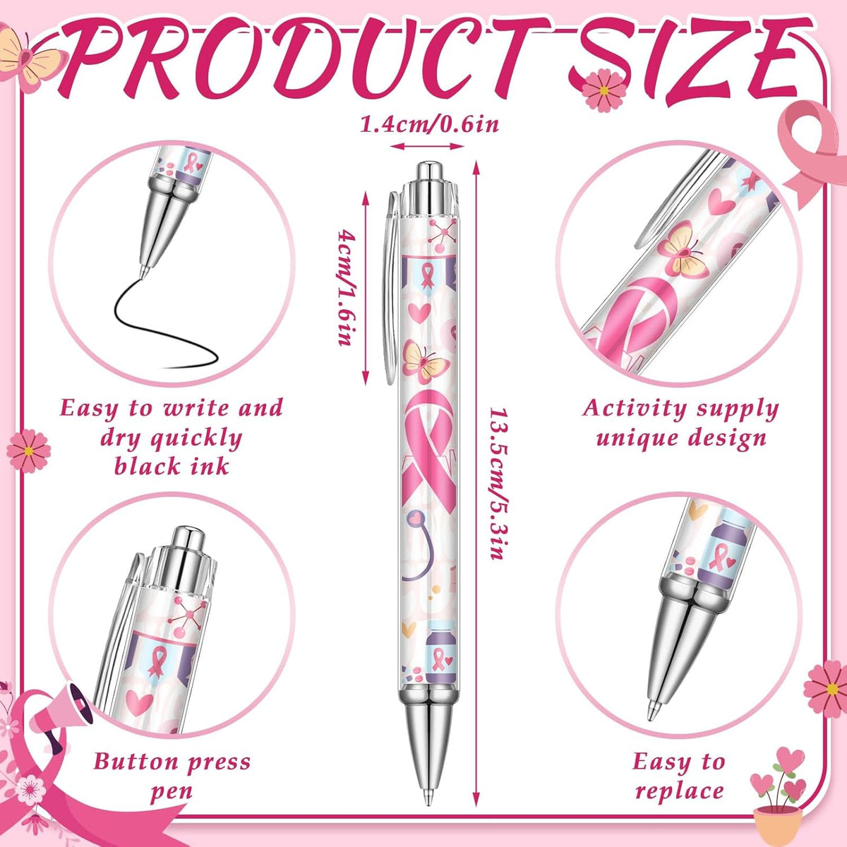 24 Pcs Breast Cancer Awareness Gift Pen Pink Ribbon Black Ink Ballpoint Writing Pen Breast Cancer