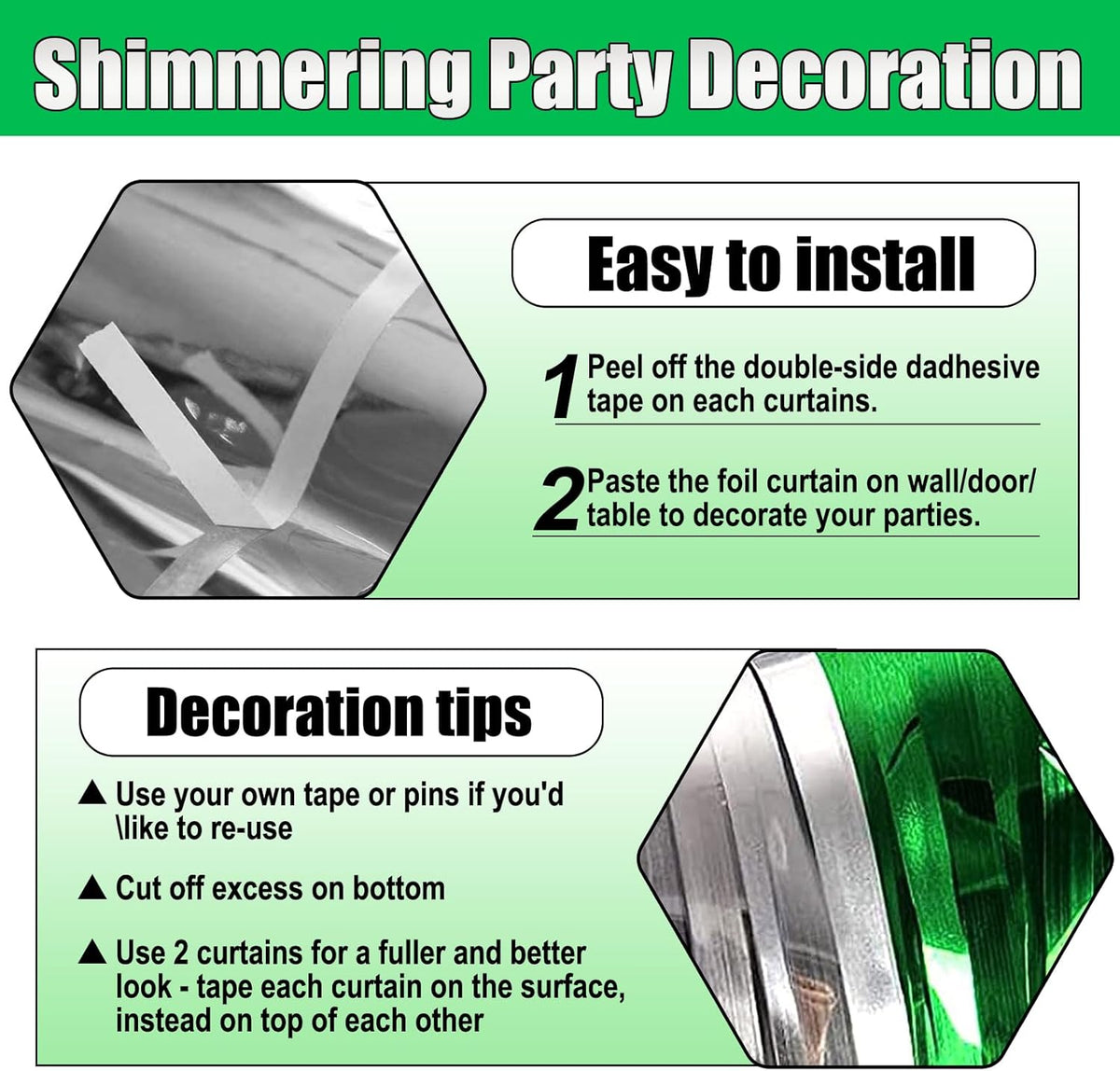 3 Pack Silver Green Foil Fringe Curtain Backdrop, 3.28Ft x 8.2Ft Metallic Tinsel Foil Fringe