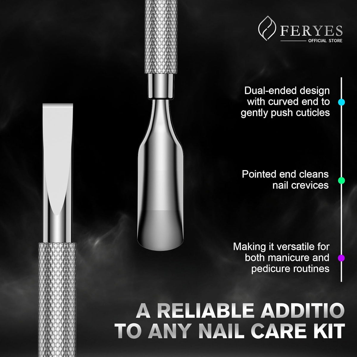 FERYES Professional Cuticle Pusher & Remover Tool - Stainless Steel Dual-Sided Nail Care Tool for