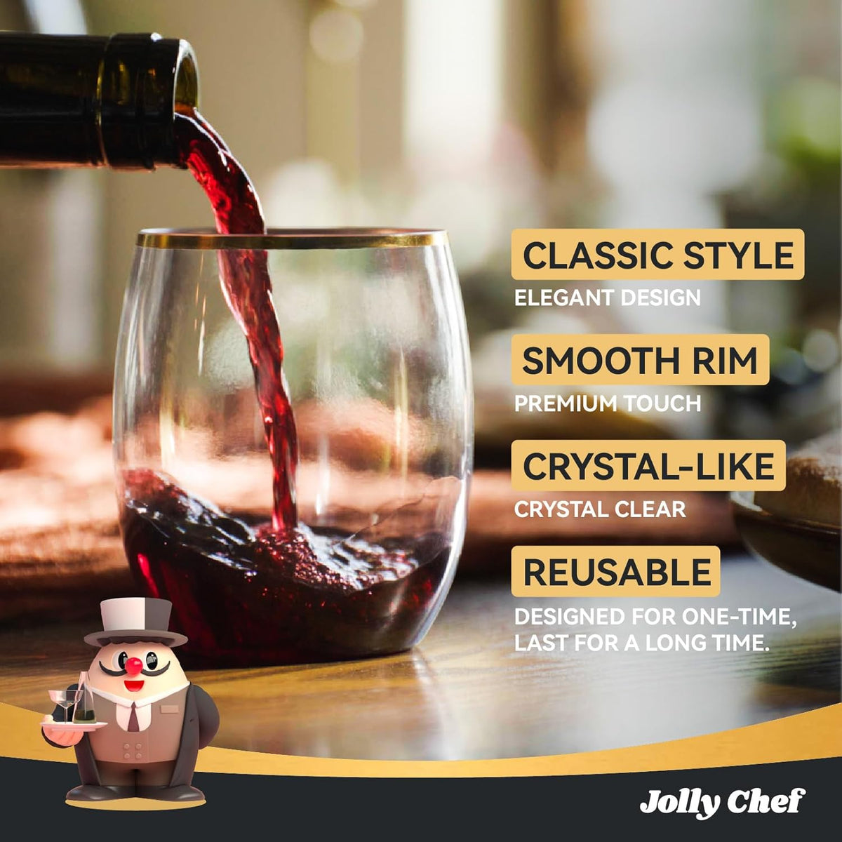 JOLLY CHEF 12 Pack 12oz Gold Plastic Wine Glasses Stemless, Gold Disposable Wine Cups, Premium