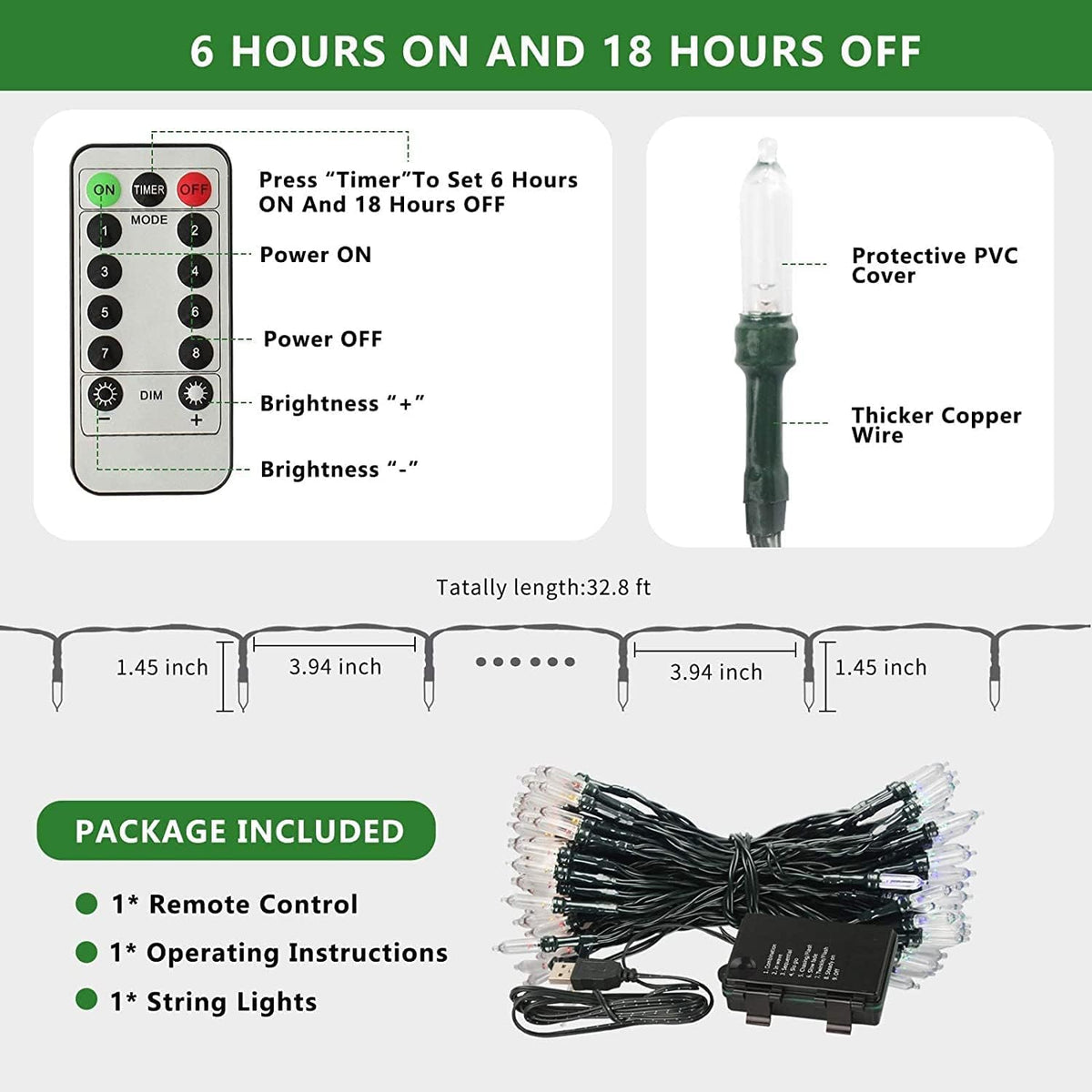 Tcamp 33ft 100LED Battery Operated Christmas Lights Outdoor Indoor, Battery Christmas Tree Lights