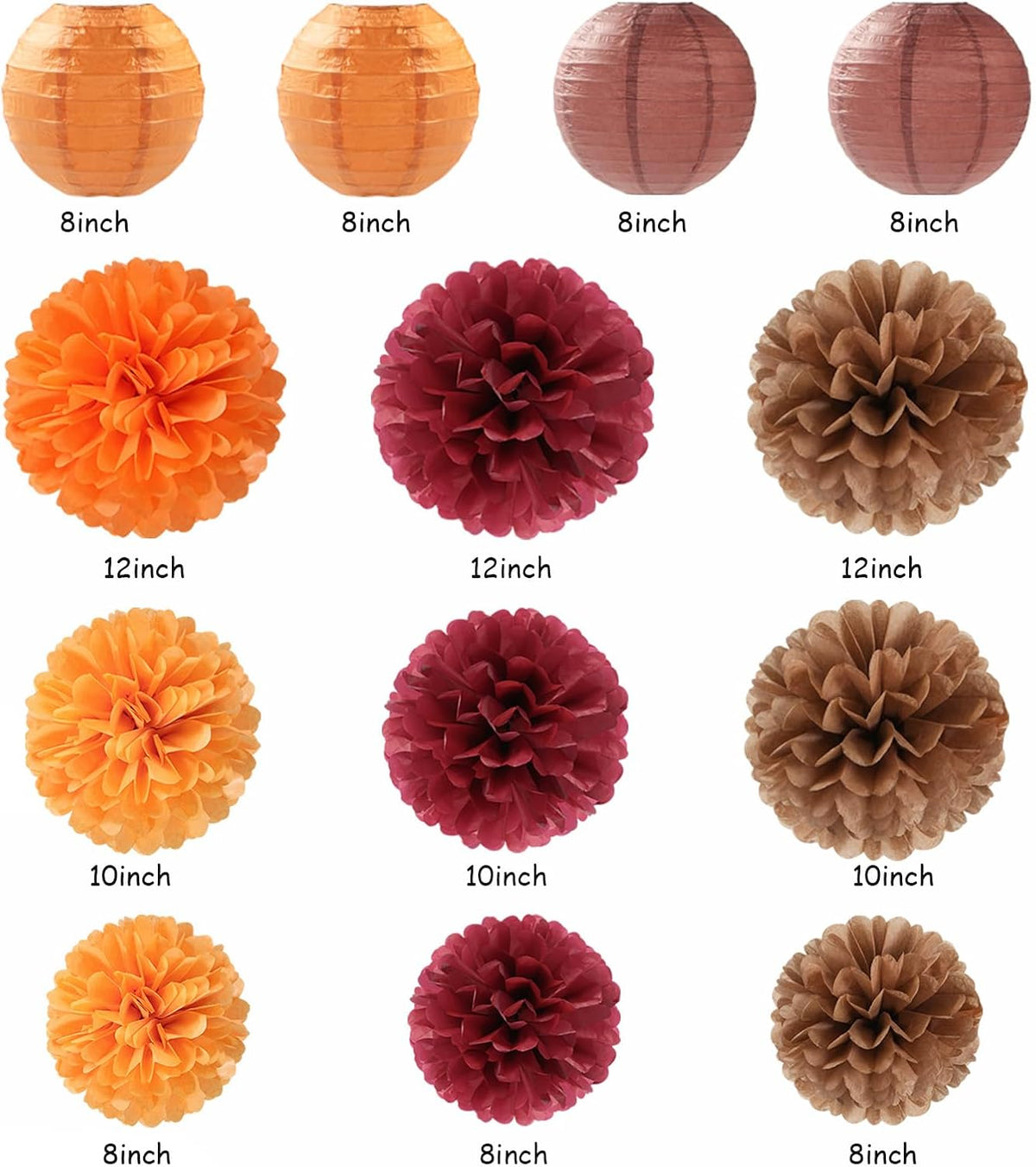 Burgundy Brown-Orange Baby-Shower Boho Party-Decorations - 20pcs Fall Autumn Paper Lanterns