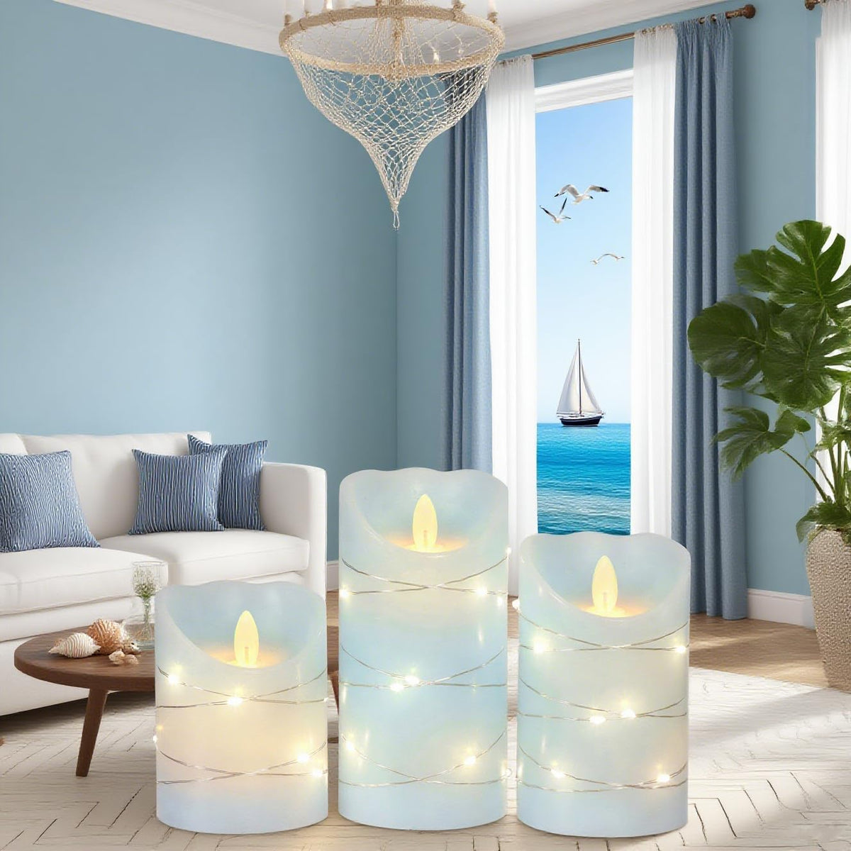 Silverstro Nautical Flameless Candles with String Lights Flickering Blue Battery Operated Candles