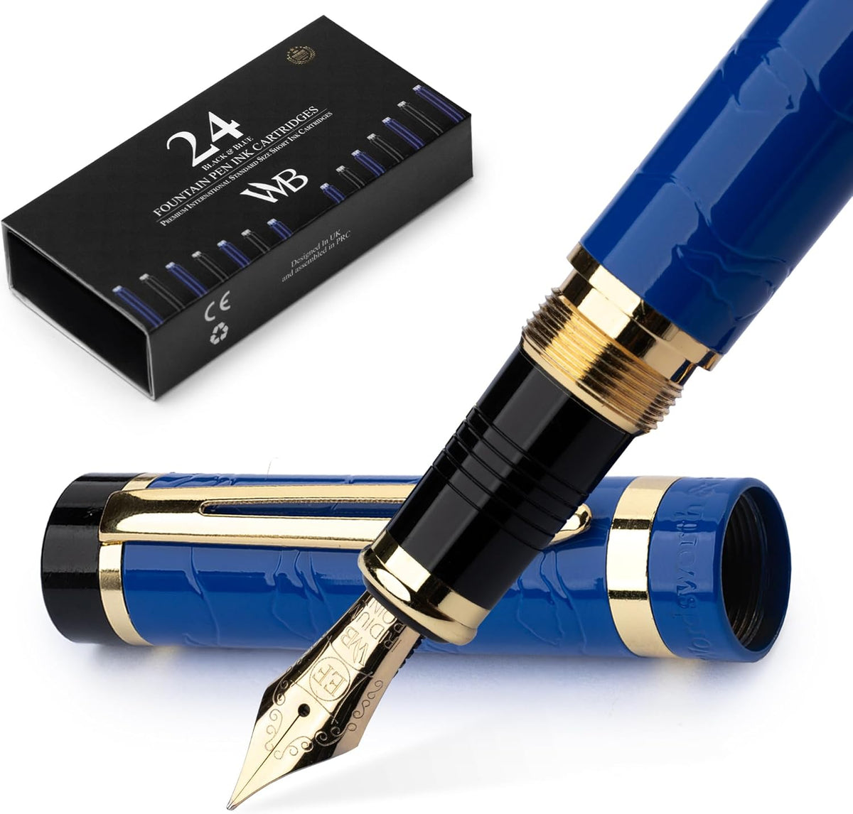 Wordsworth & Black Primori Fountain Pen Set [Blue Gold]; Extra Fine Nib, Gift Case, 24 Ink