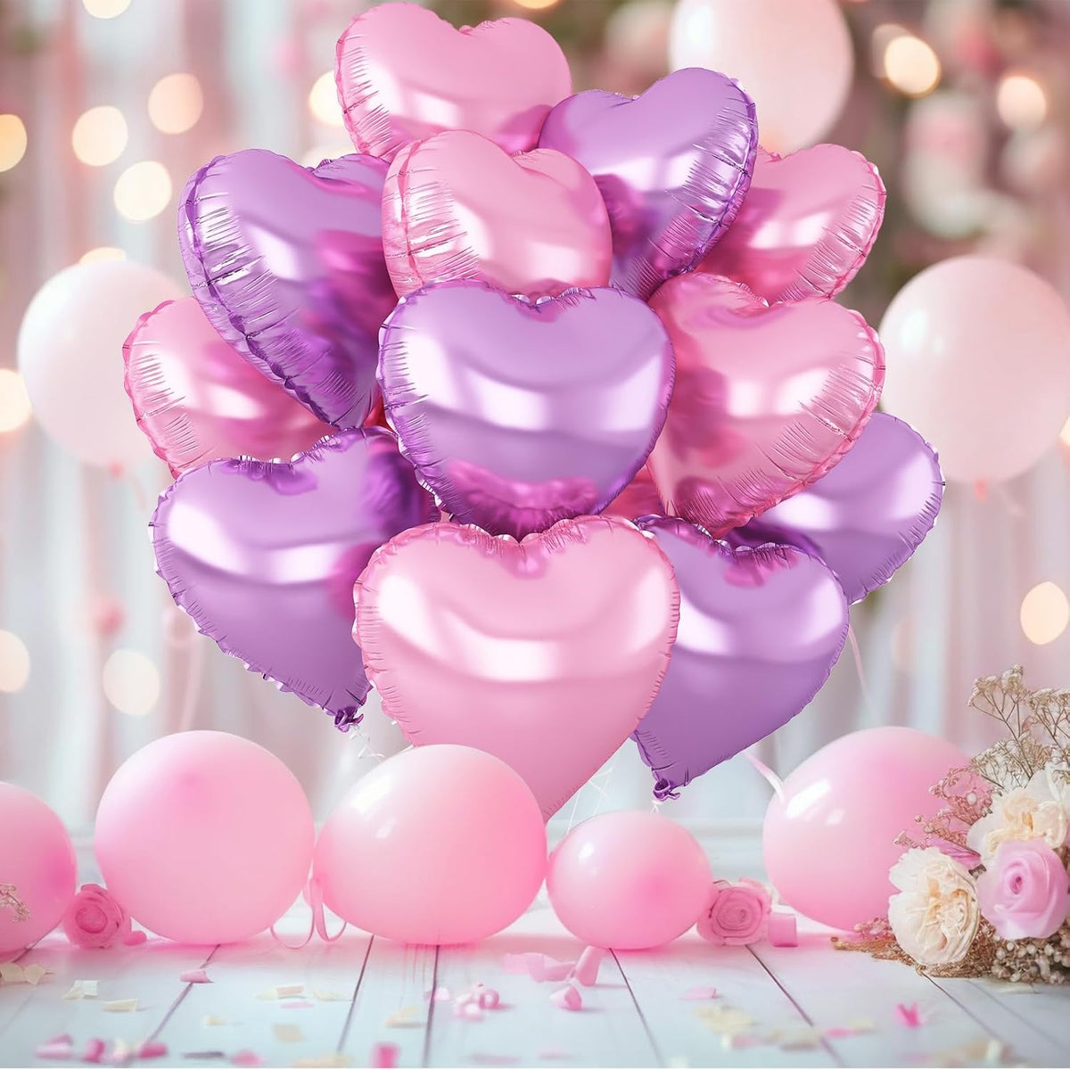 Pink Purple Heart Balloons,12Pcs Light Pink Heart Shaped Foil Balloons,18Inch Purple Pink Helium