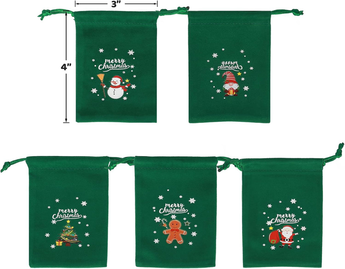 Tapleap Christmas Bags with Drawstring - 50Pcs 3x4 Green Velvet Coth for Wrapping Christmas Party