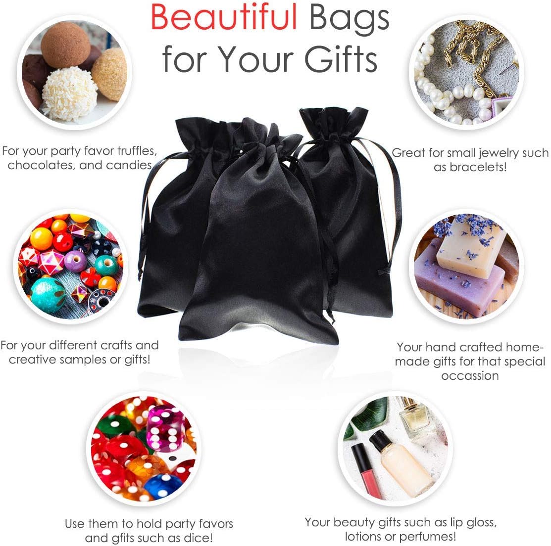 5" x 8" Black Satin Gift Bags, Jewelry Bags, Wedding Favor Drawstring Bags Baby Shower Christmas 50
