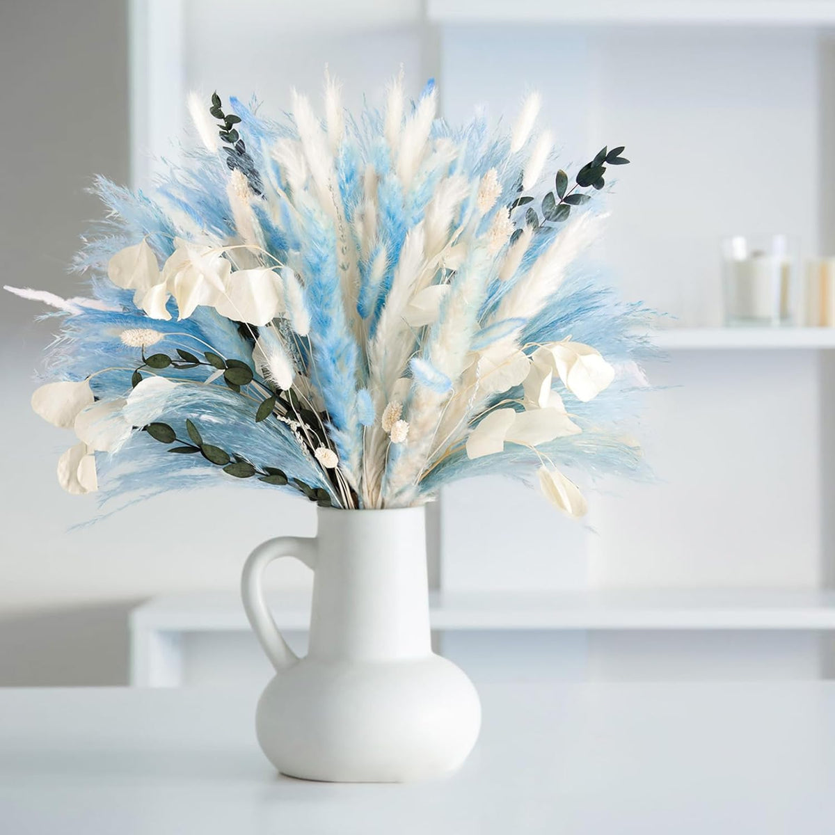 N&T NETING 101Pcs Blue Pampas Grass Decor Natural Dried Floral Pampas Grass Light Blue Boho Pampas