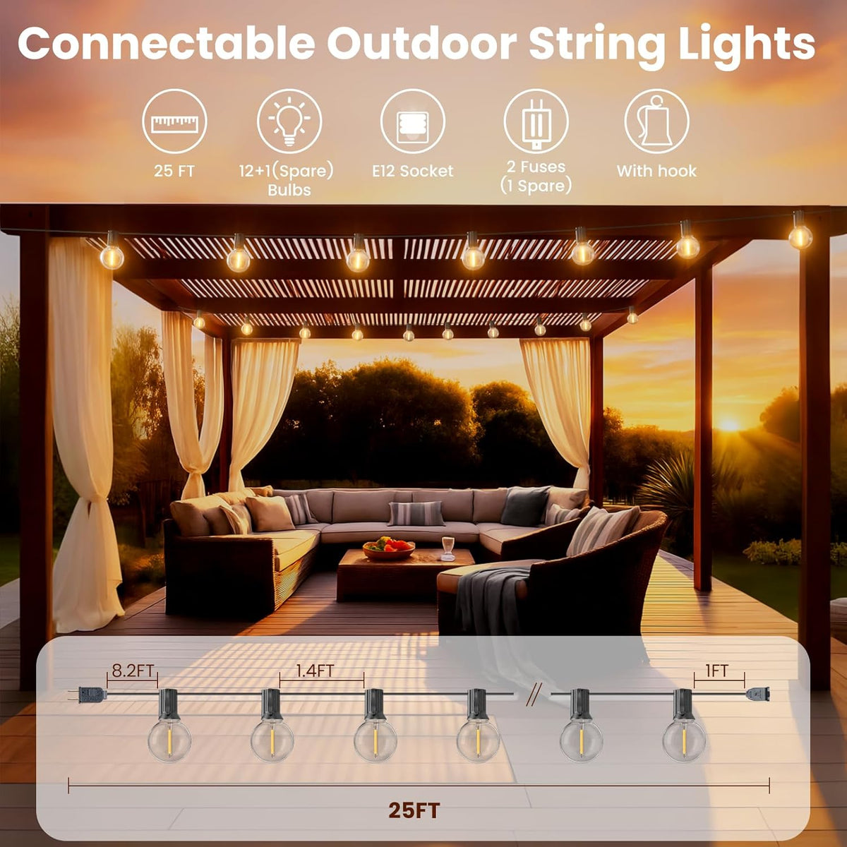 RTTY Outdoor String Lights 25ft, G40 Led Patio Globe Lights with 13pcs Plastic Bulbs, Shatterproof