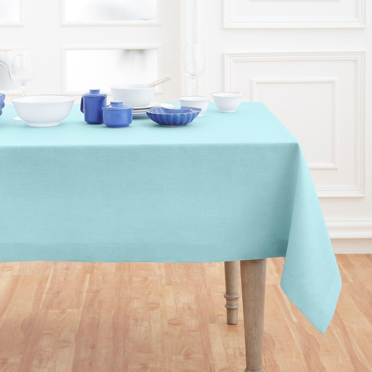 Solino Home Aqua Blue Linen Tablecloth 52 x 52 Inch - 100% Pure Linen Square Table Throw - Fete