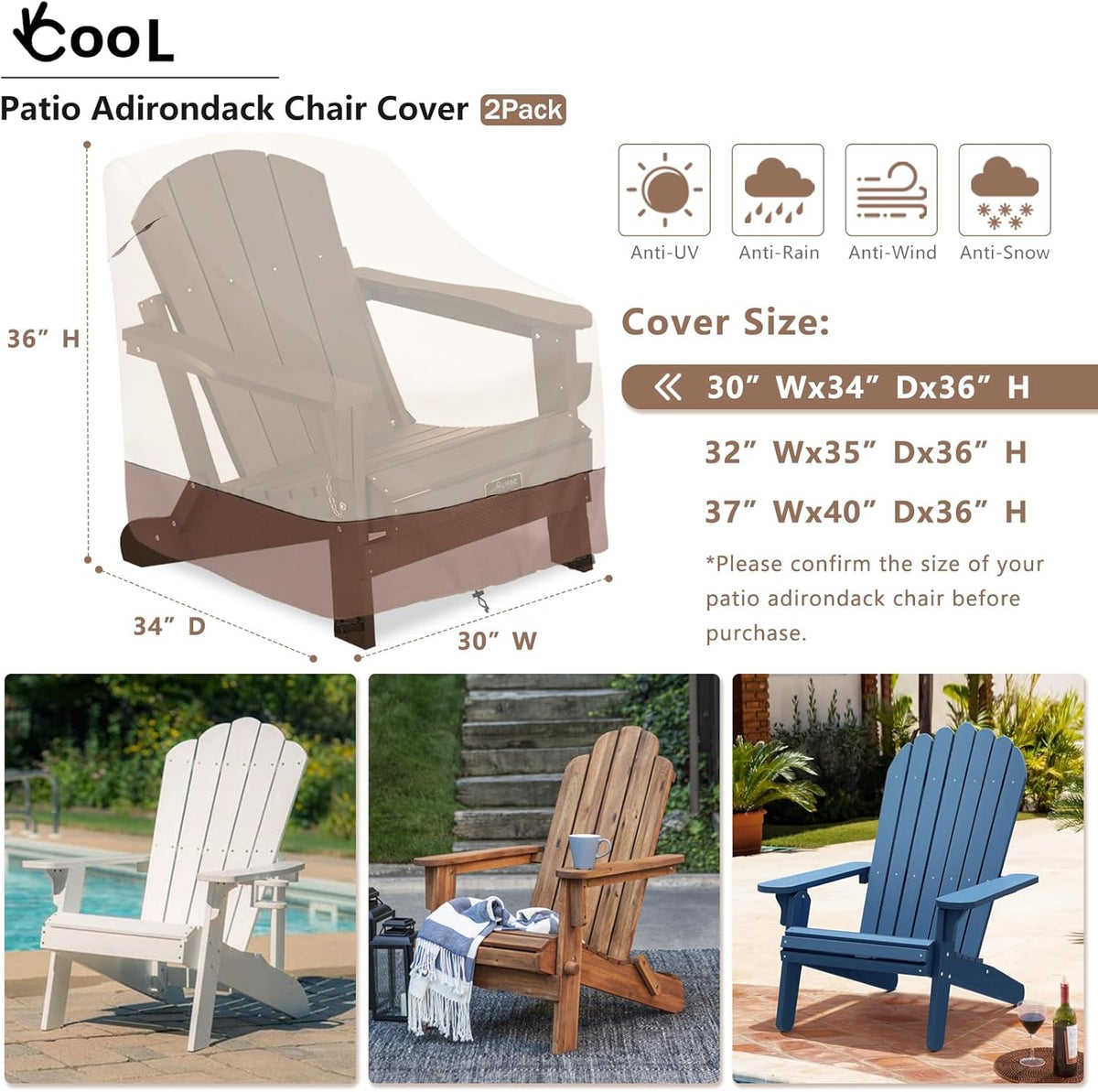okcool Patio Adirondack Chair Cover 2 Pack,Waterproof Heavy Duty Outdoor Chair Covers,Patio