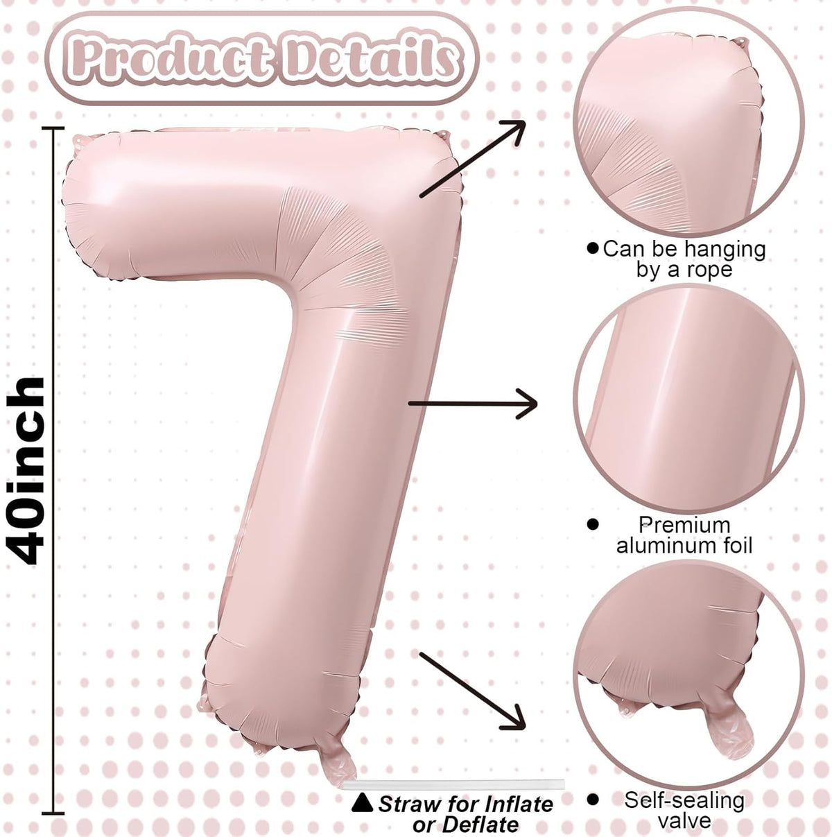 Light Pink Number Balloon 7, 40 Inch Large Self Inflating 7 Foil Number Balloons 0-9, Blush Pastel