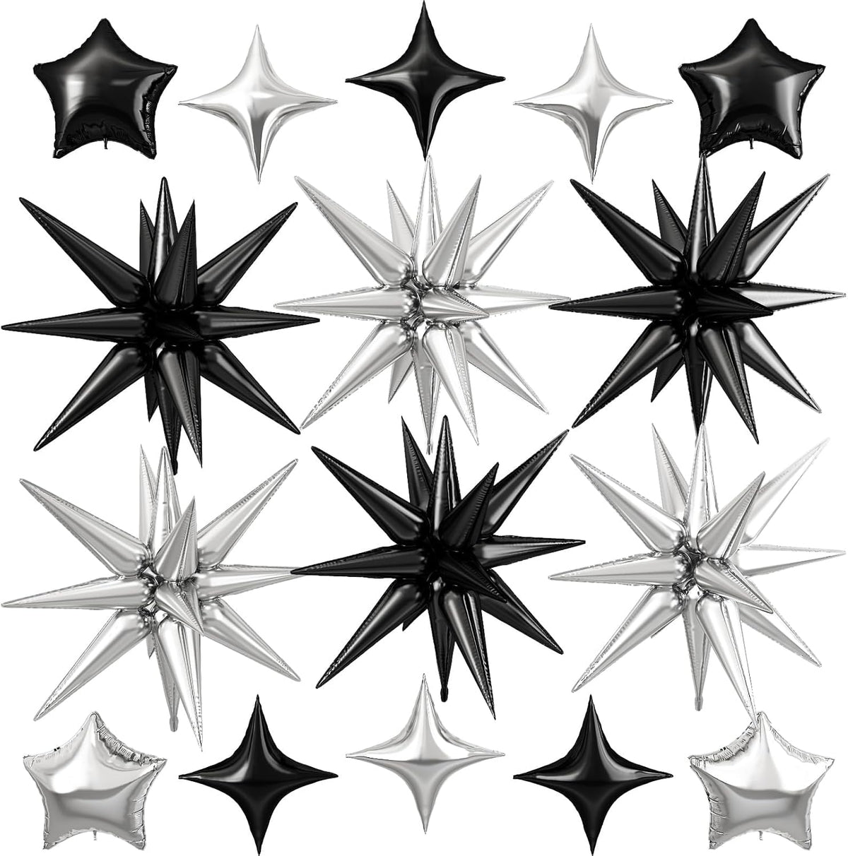Black Silver Star Balloon,16Pcs Star Foil Balloons Set with 22Inch Explosion Spike Cone Balloons