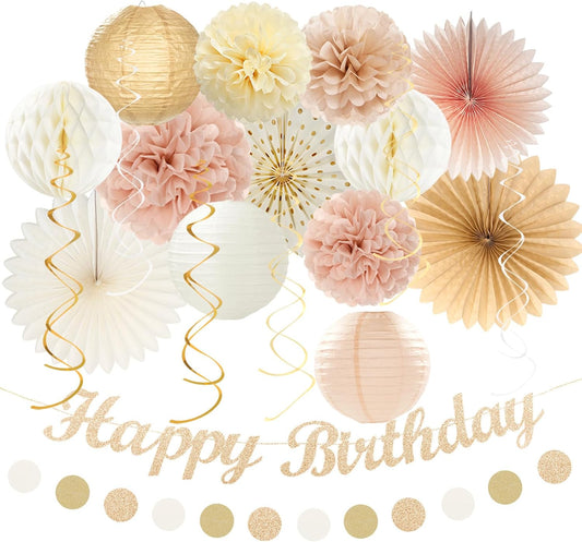 Champagne-Gold Beige Fall Boho Birthday Party-Decorations - 21pcs Autumn Neutral Retro Happy