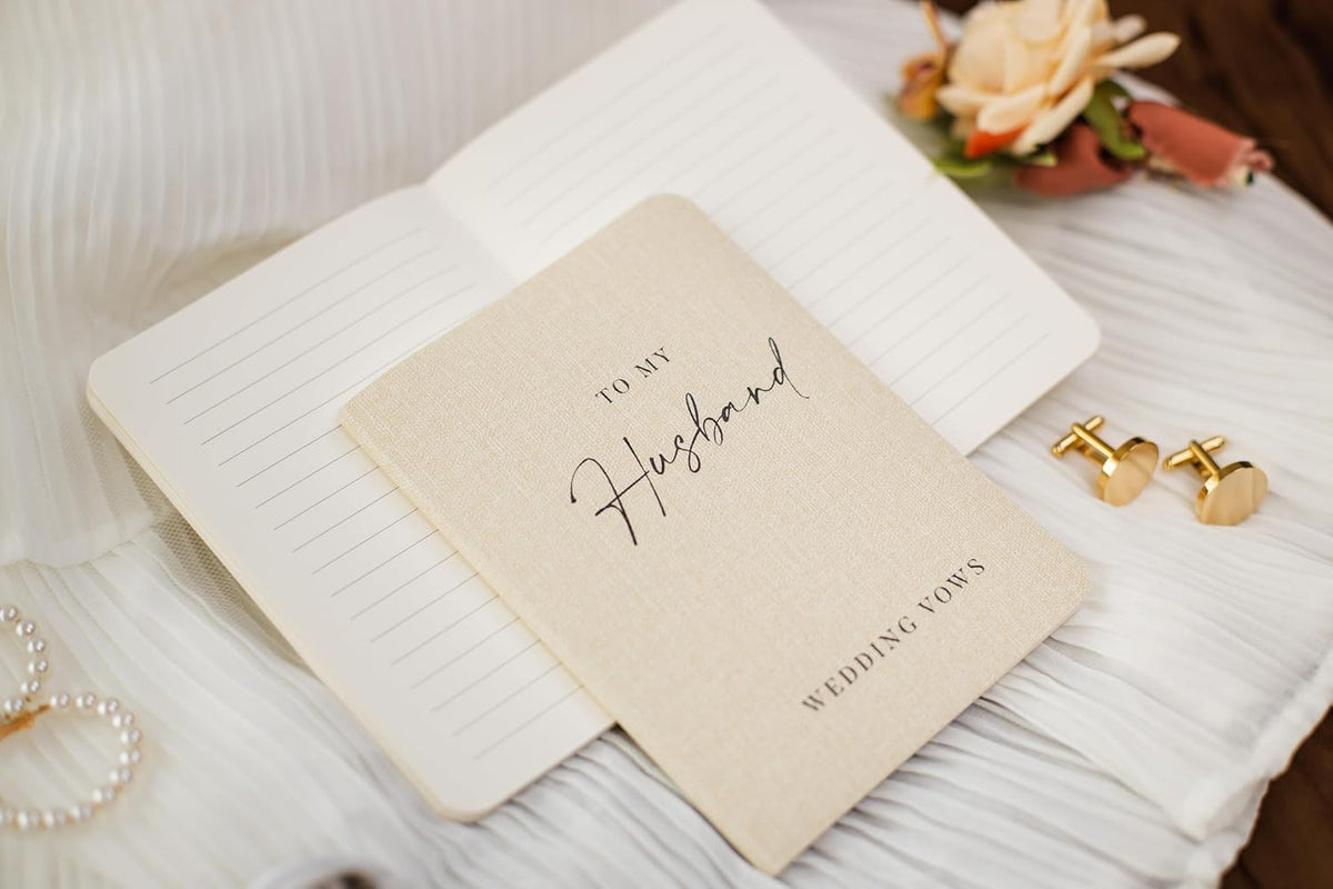 Slim Vow Books (Set of 2 - Design 2) - Soft Cream Canvas Linen Textured Cover Wedding Vow Booklets
