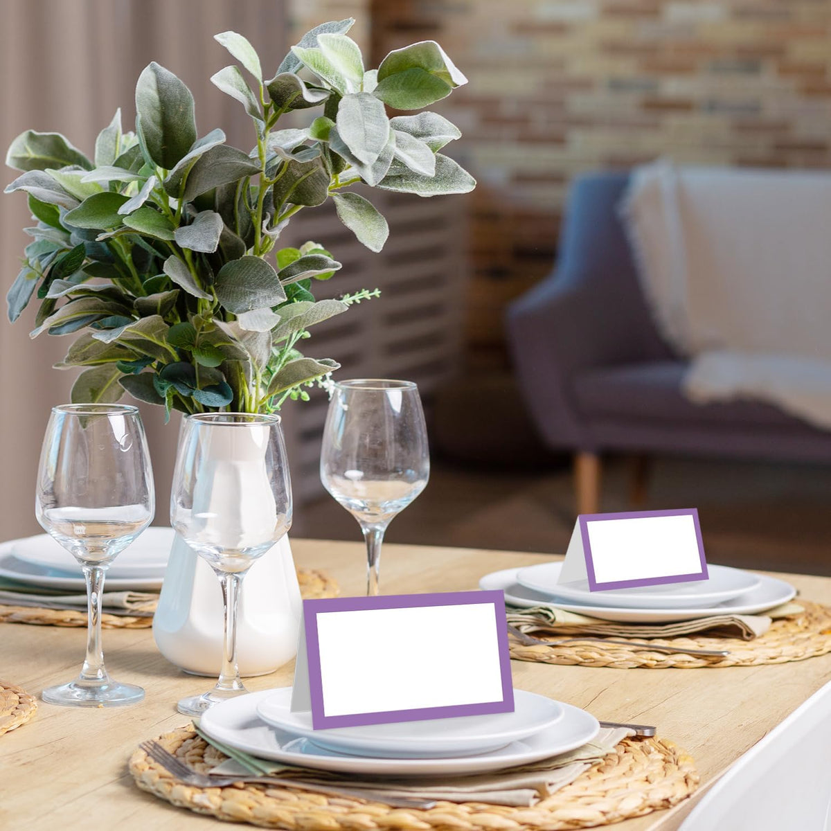 25 Pack Purple Border Place Cards, Editable Name Cards for Table Setting, Tent Cards Food Label for