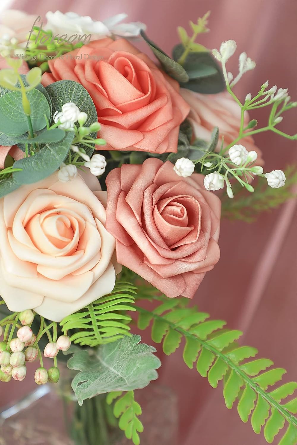 Floroom Artificial Flowers 25pcs Real Looking Coral Ombre Colors Foam Fake Roses with Stems for DIY