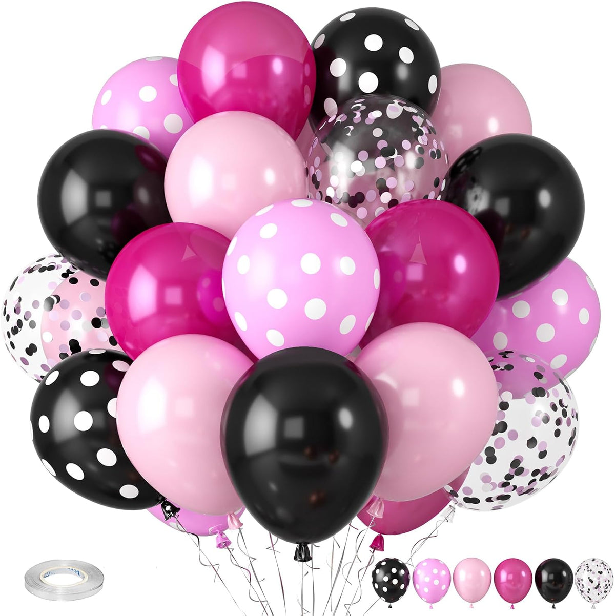 Pink and Black Balloons, Hot Pink Balloons White Dots Black White Dots Balloon with Confetti