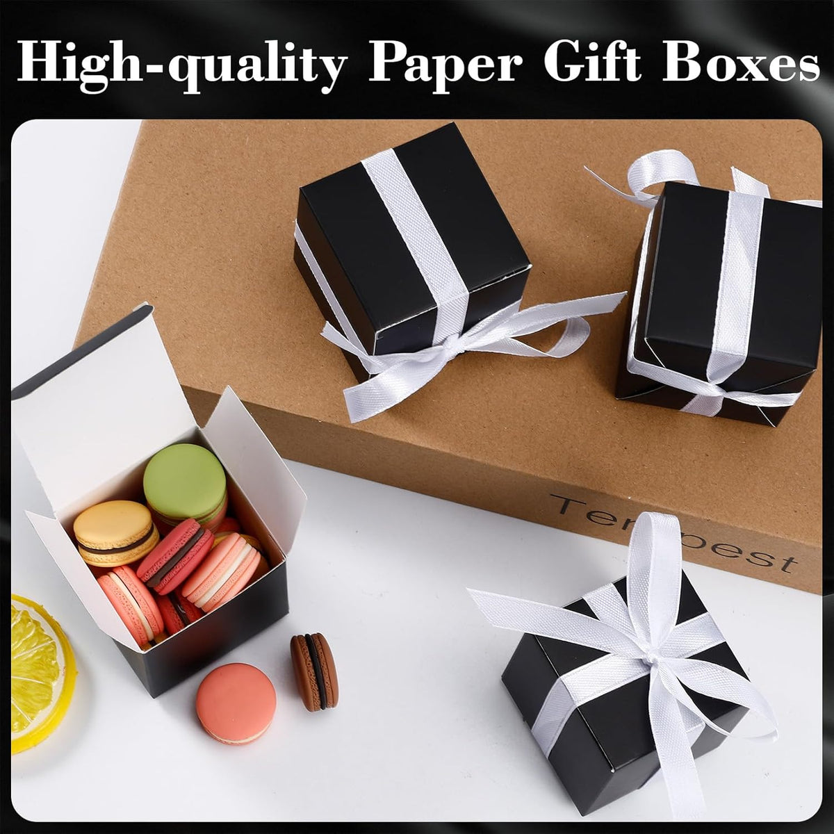 COCPOK 50 Pack Black Gift Boxes, 2x2x2 inch Gift Box, Small Candy Boxes with Lids and Ribbons