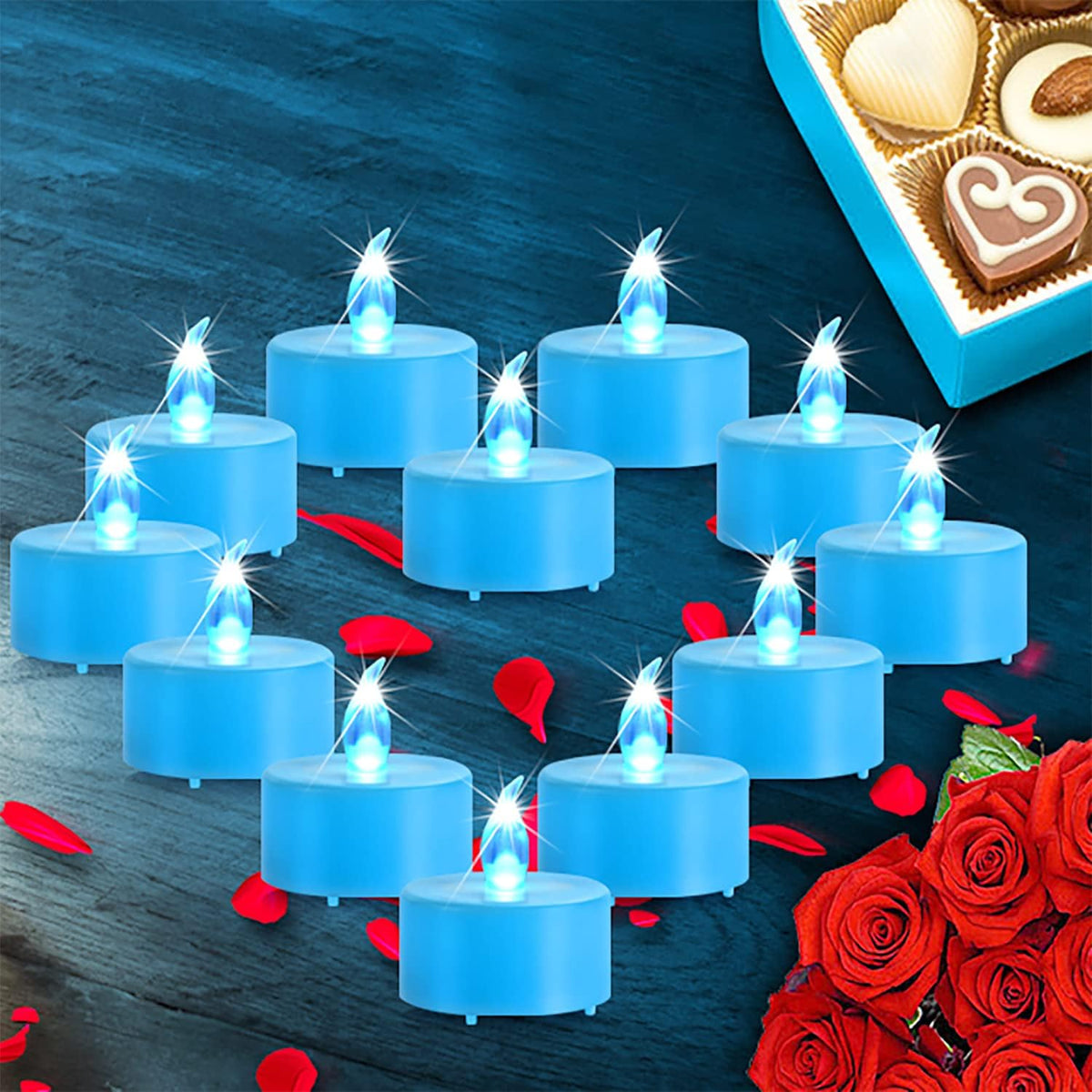 LED Tea Lights Candles- 24PACK Blue Flameless Candles Realistic and Bright Flickering Long Lasting