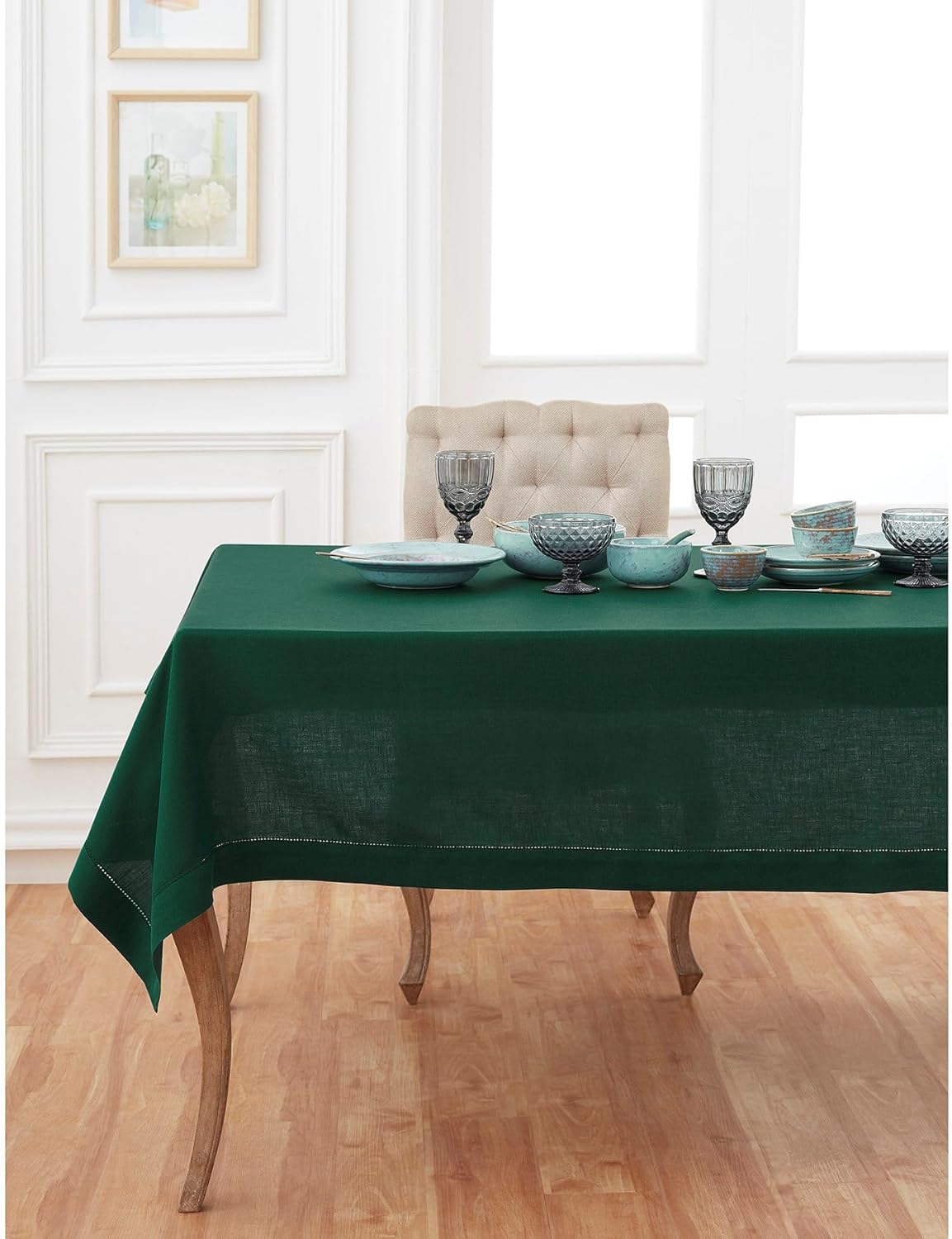 Solino Home Linen Tablecloth for Rectangle Tables 60 x 132 Inch - Classic Hemstitch 100% Pure Linen