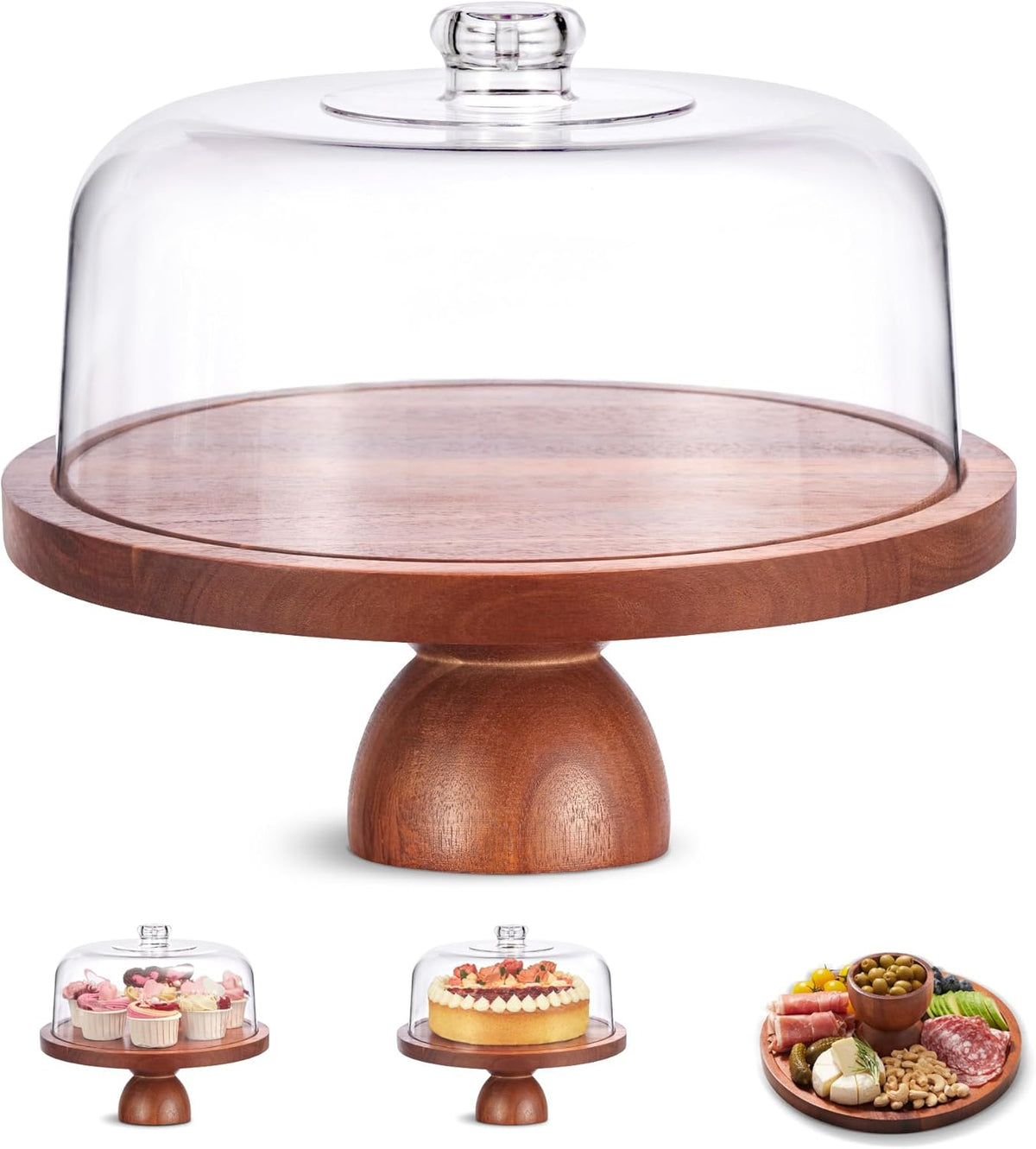 Kootek Wood Cake Stand with Lid, 2-in-1 Wooden Cake Plate & Covered Charcuterie Board, Footed Cake