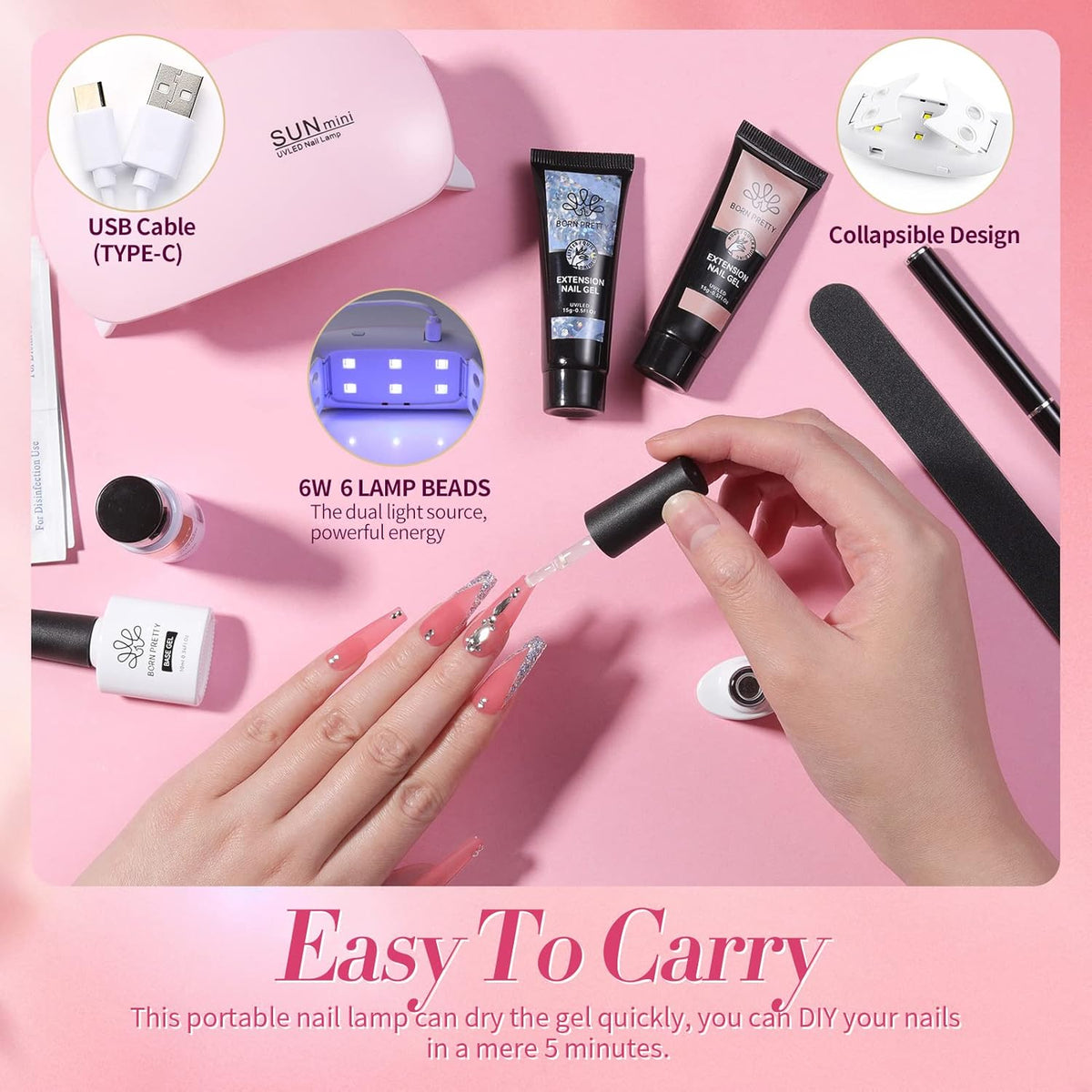 BORN PRETTY Poly Nail Extension Gel Kit-6 Colors Poly Nails Gel Kit Nude Clear Jelly Pink All In