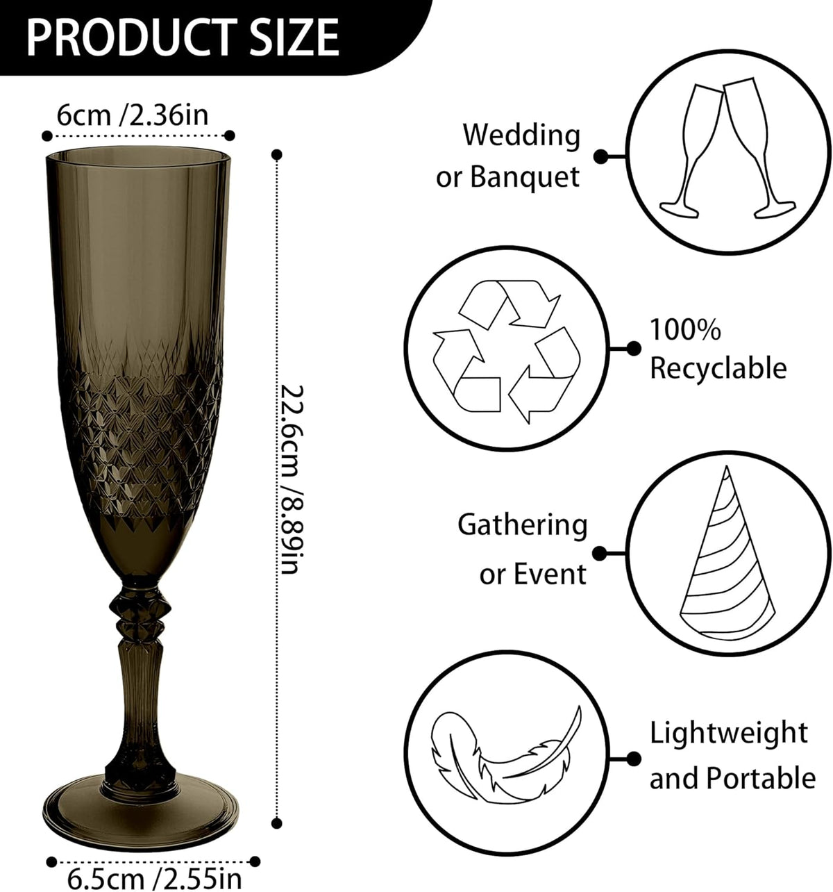 Plastic Champagne Flutes, 12PCS Black Wine Glasses Goblets Cups Shatterproof Reusable Flute for