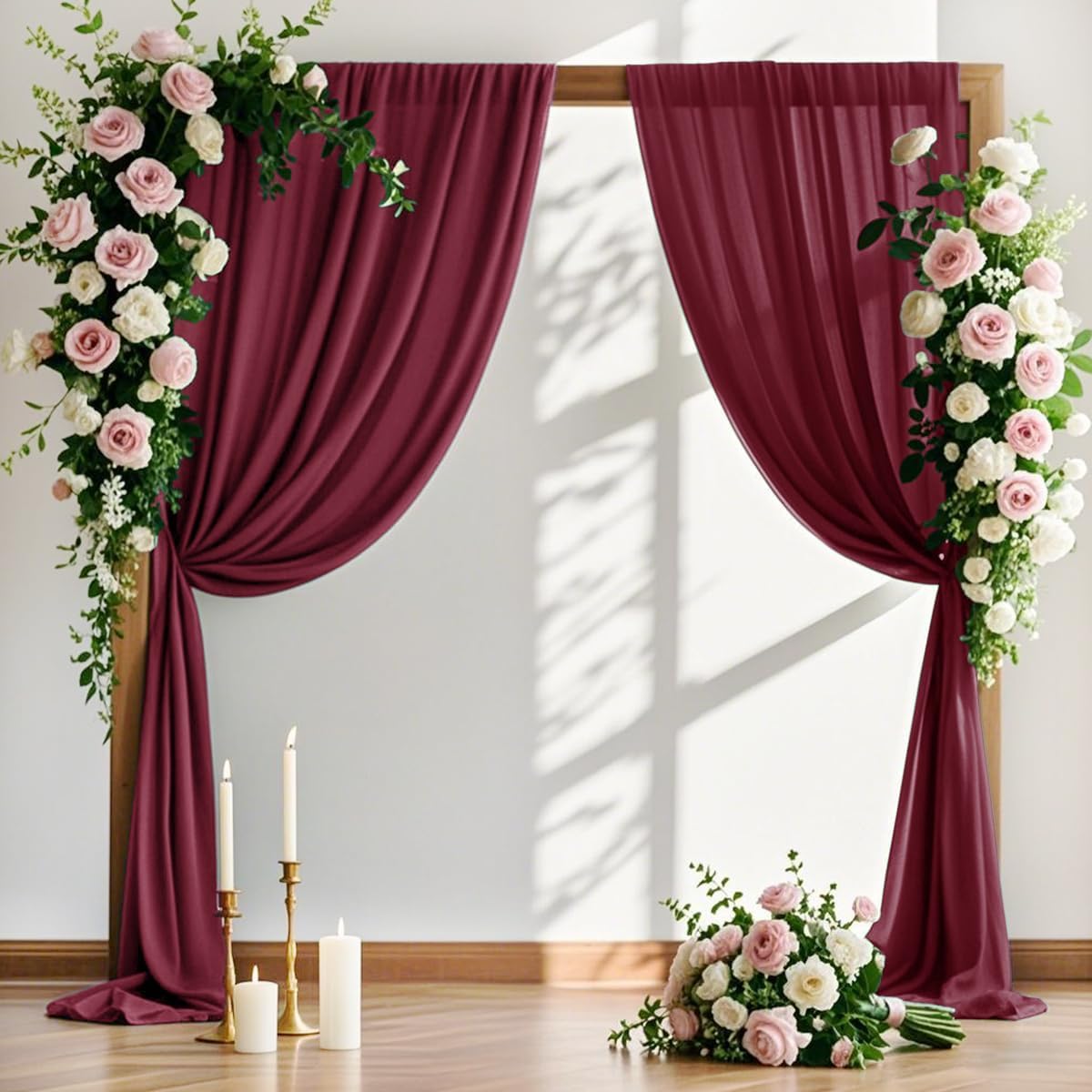 MLMW Christmas Wedding Arch Draping Fabric 2 Panels 29" x 20Ft Burgundy Sheer Wedding Arch Backdrop