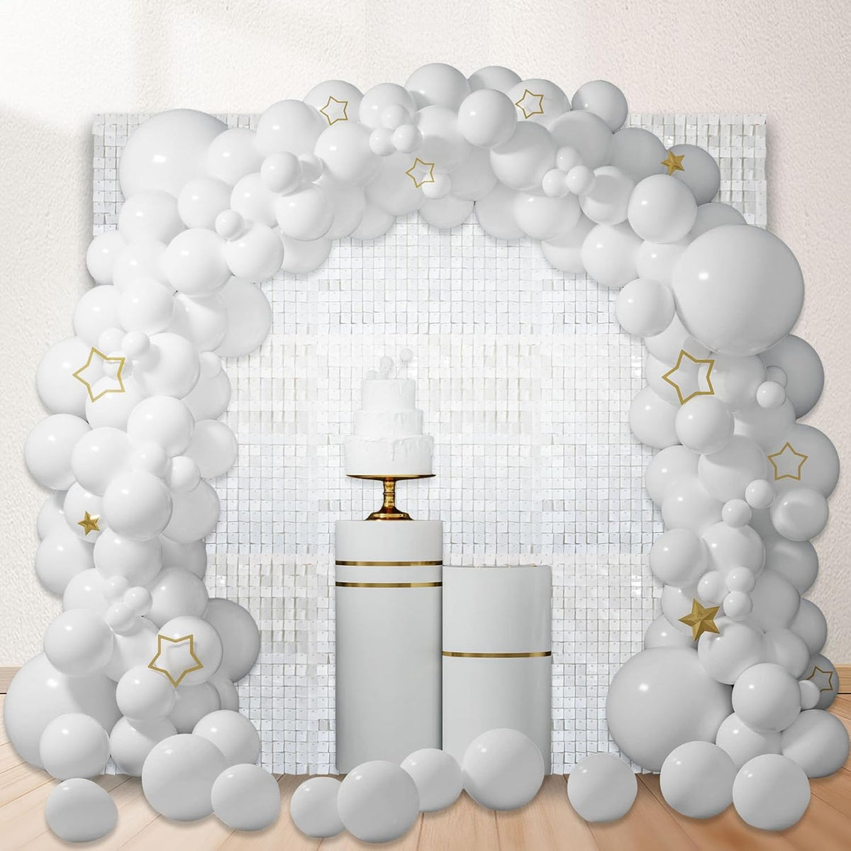 24PCS White Shimmer Wall Backdrop, Square Sequin Photo Backdrops Panel, Glitter Wall Background for