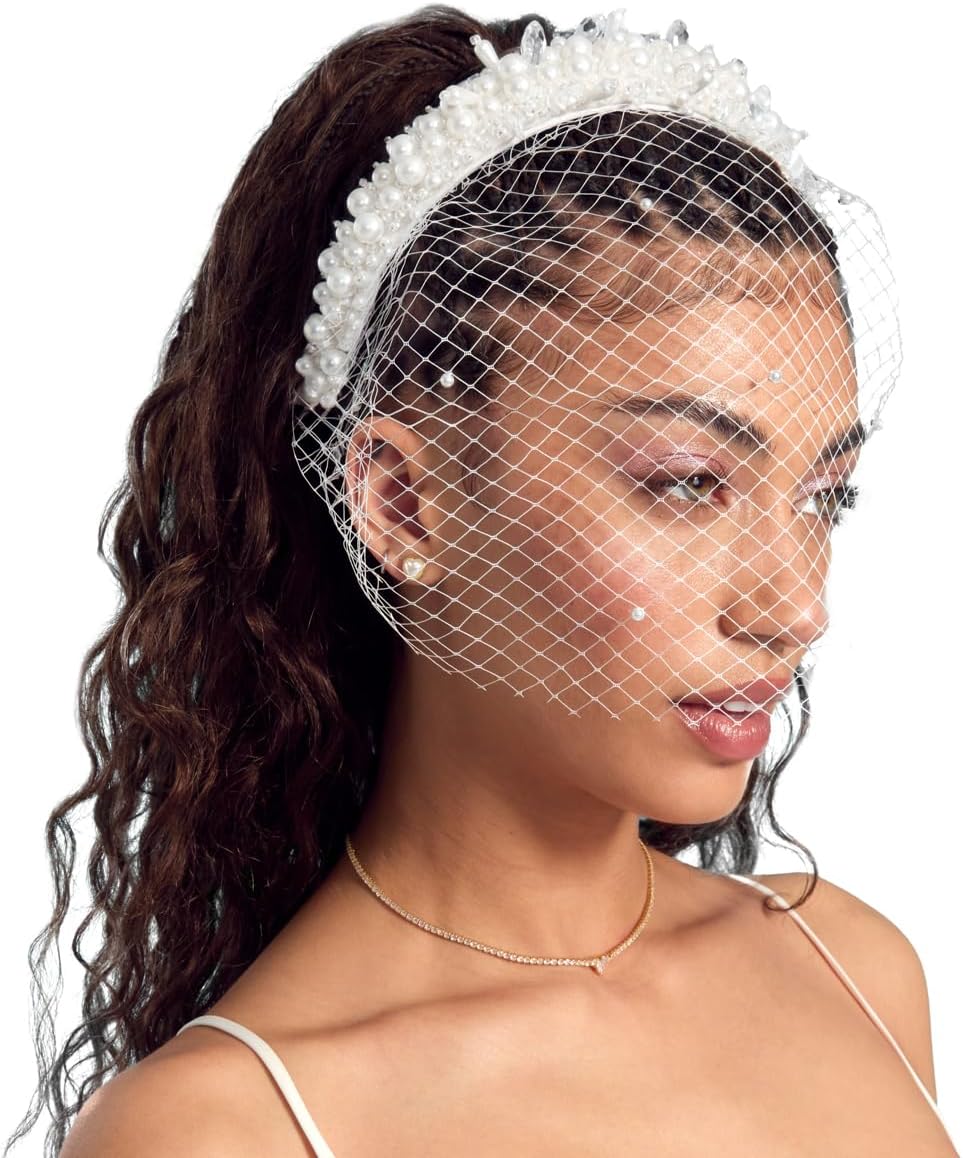 xo, Fetti Pearl Beaded Bridal Headband + Birdcage Veil | Bachelorette Party Hairpiece, Bridal