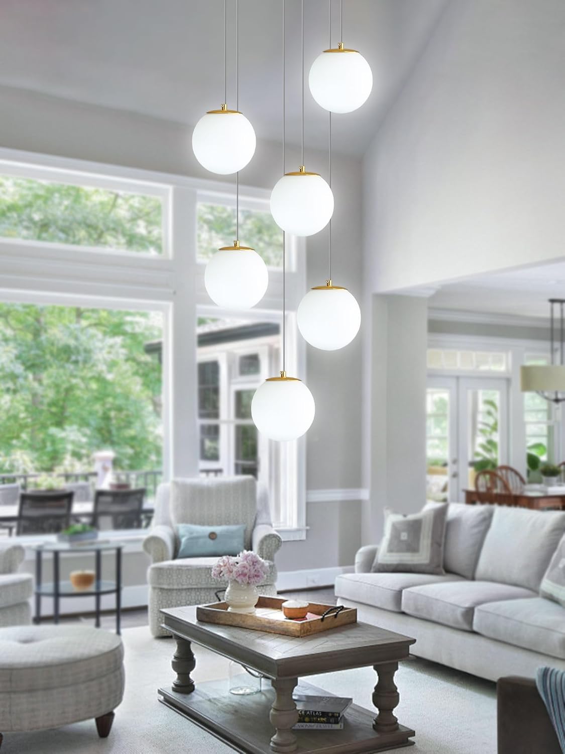 H 87in Globe Pendant Light 6-Lights Modern Hanging Chandelier for Kitchen Island Mid Century Globe