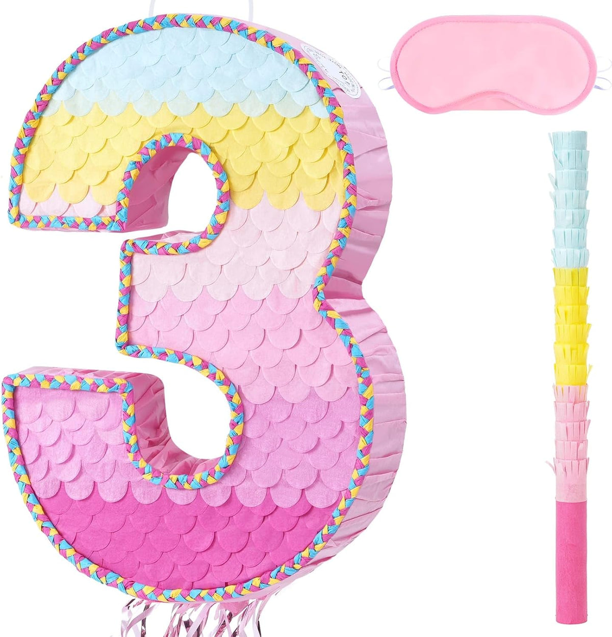 WERNNSAI Pink Sweet Three Pinata - Number 3 Pinata Happy Birthday Decoration Pink Rainbow Design