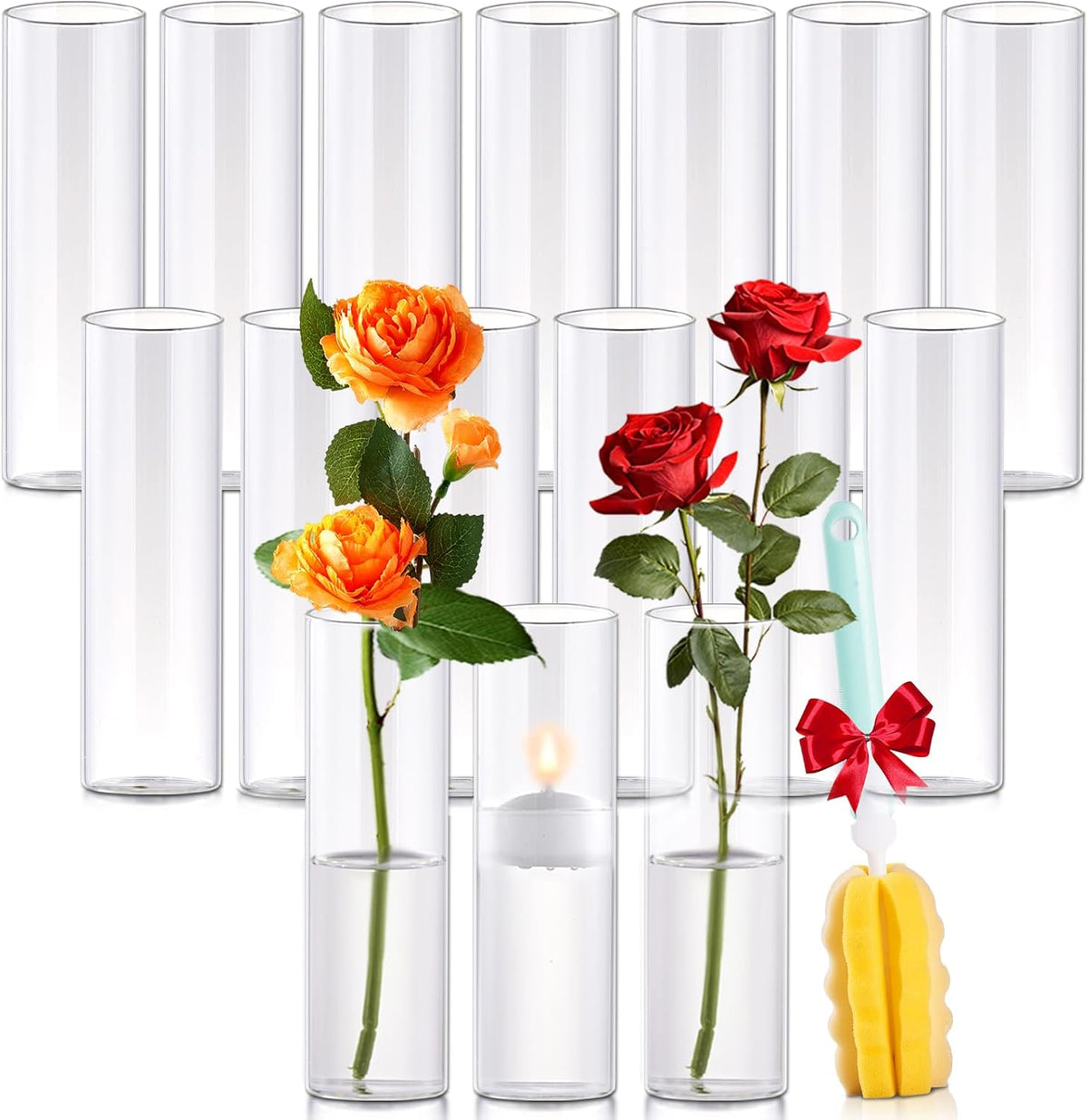 16Pcs Glass Cylinder Bud Vases for Centerpieces,7.7 In Tall Clear Flower Vases in Bulk,Glass Small