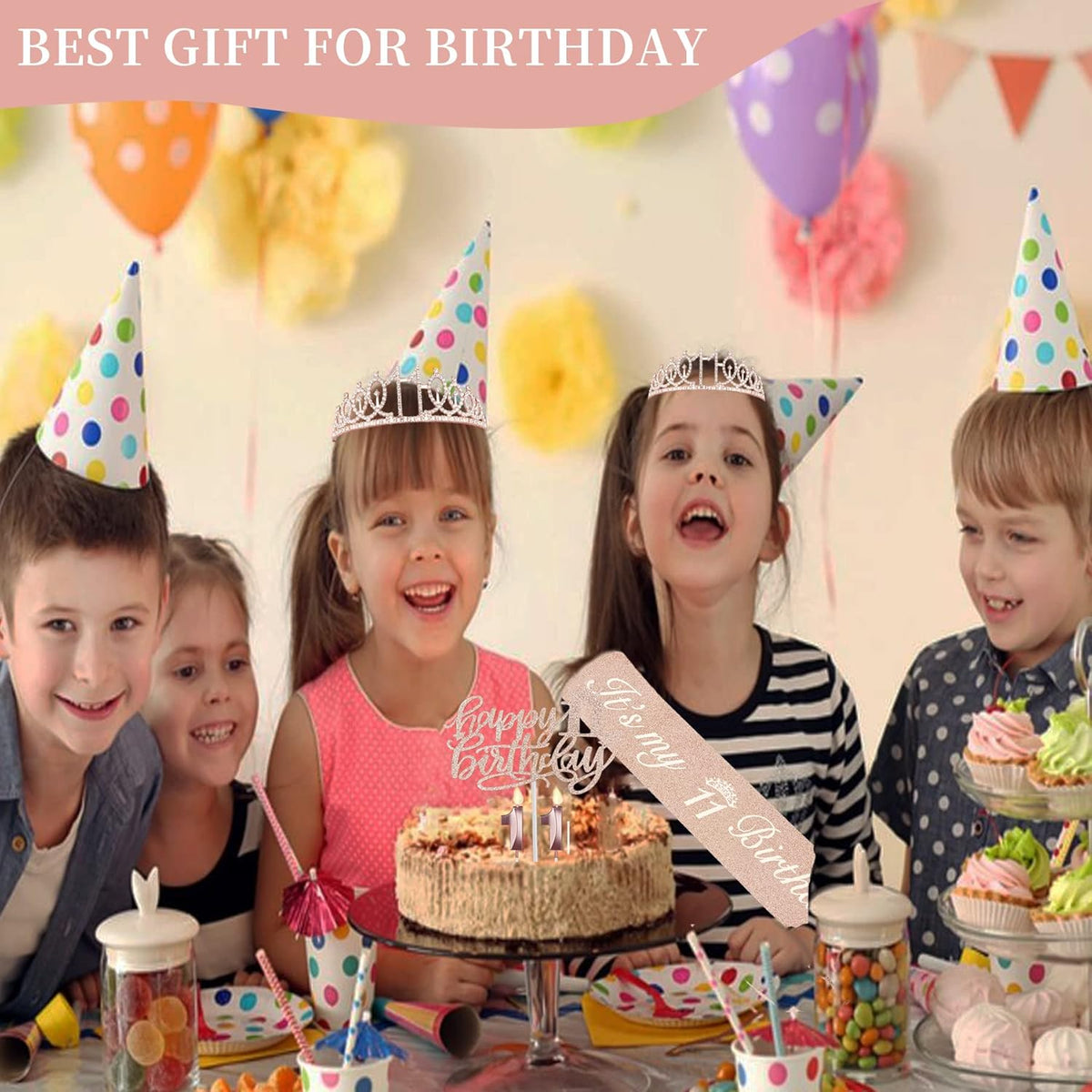 11th Birthday Decorations for Girl with Sash and Tiara, Numeral Candle and Cake Topper, 11 Year Old