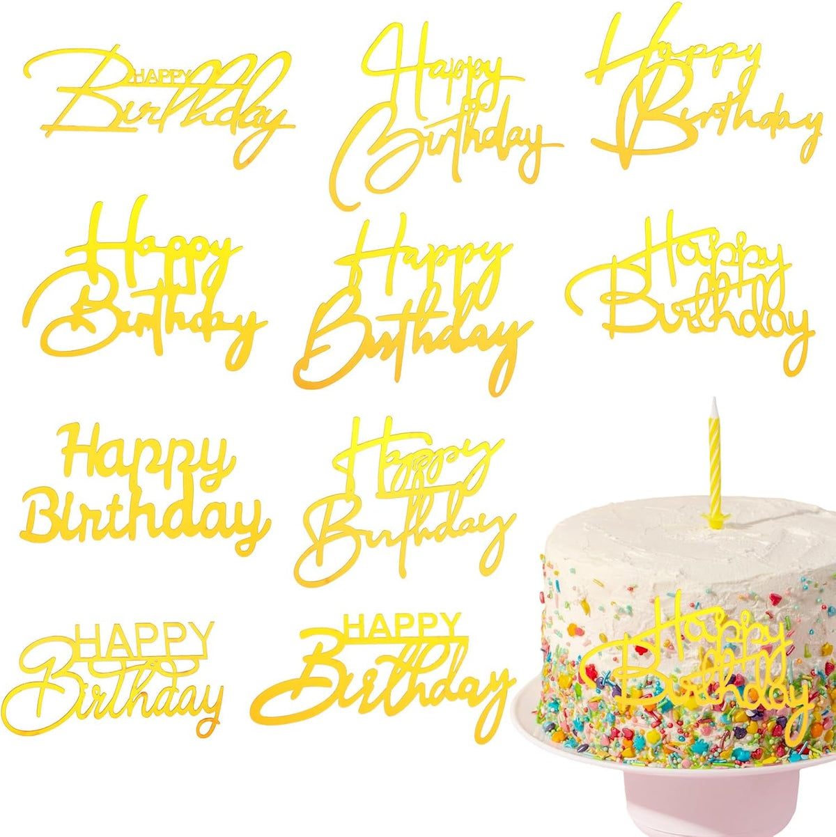 100 Pcs Happy Birthday Cake Toppers Mirror Acrylic Cupcake Topper Cupcake Decorations Happy