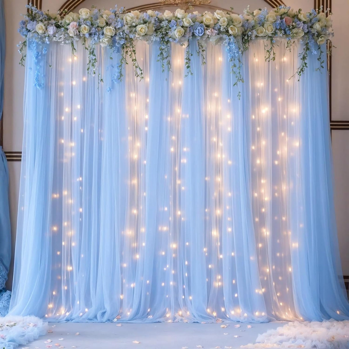 Blue Tulle Backdrop Curtains with Lights String for Parites Baby Shower 30×8ft Blue Sheer Backdrop
