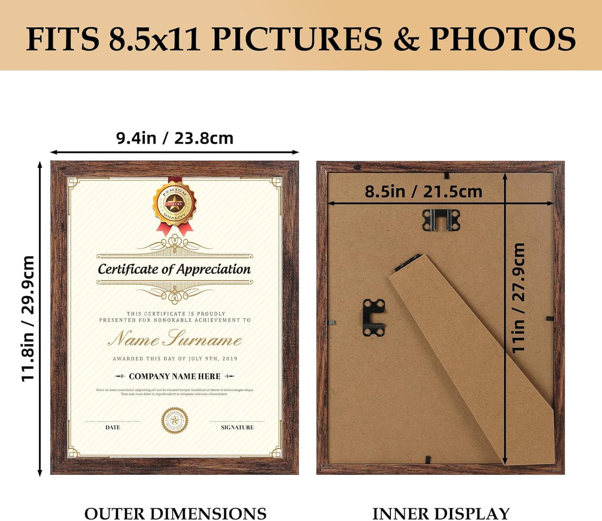 PETAFLOP Wooden Bulk 8.5x11 Picture Frame Set of 18, Rustic Brown Certificate Frames Fits 8.5 by 11