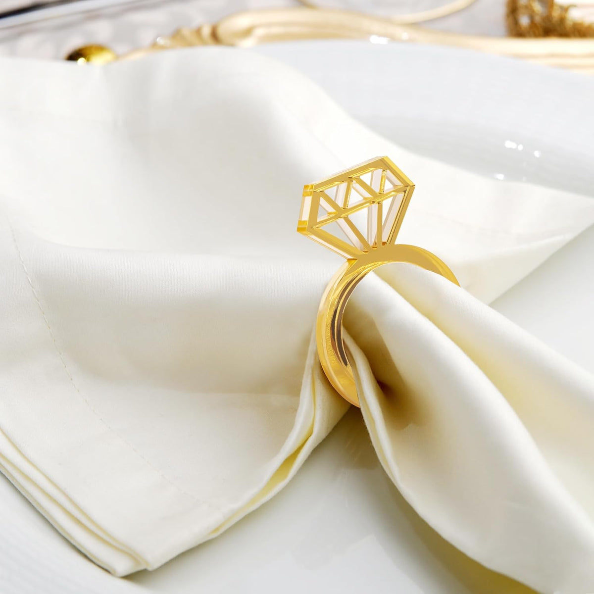 Edussy Gold Napkin Rings Set of 12,Acrylic Mirror Diamond Napkin Ring Holders for Wedding