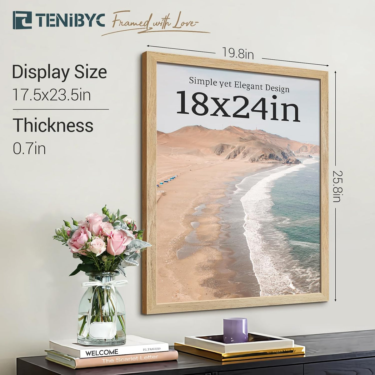 18x24 Poster Frame 4 Pack, Natural Solid Wood Picture Frame, Elegant Wood Grain, Wall Hanging