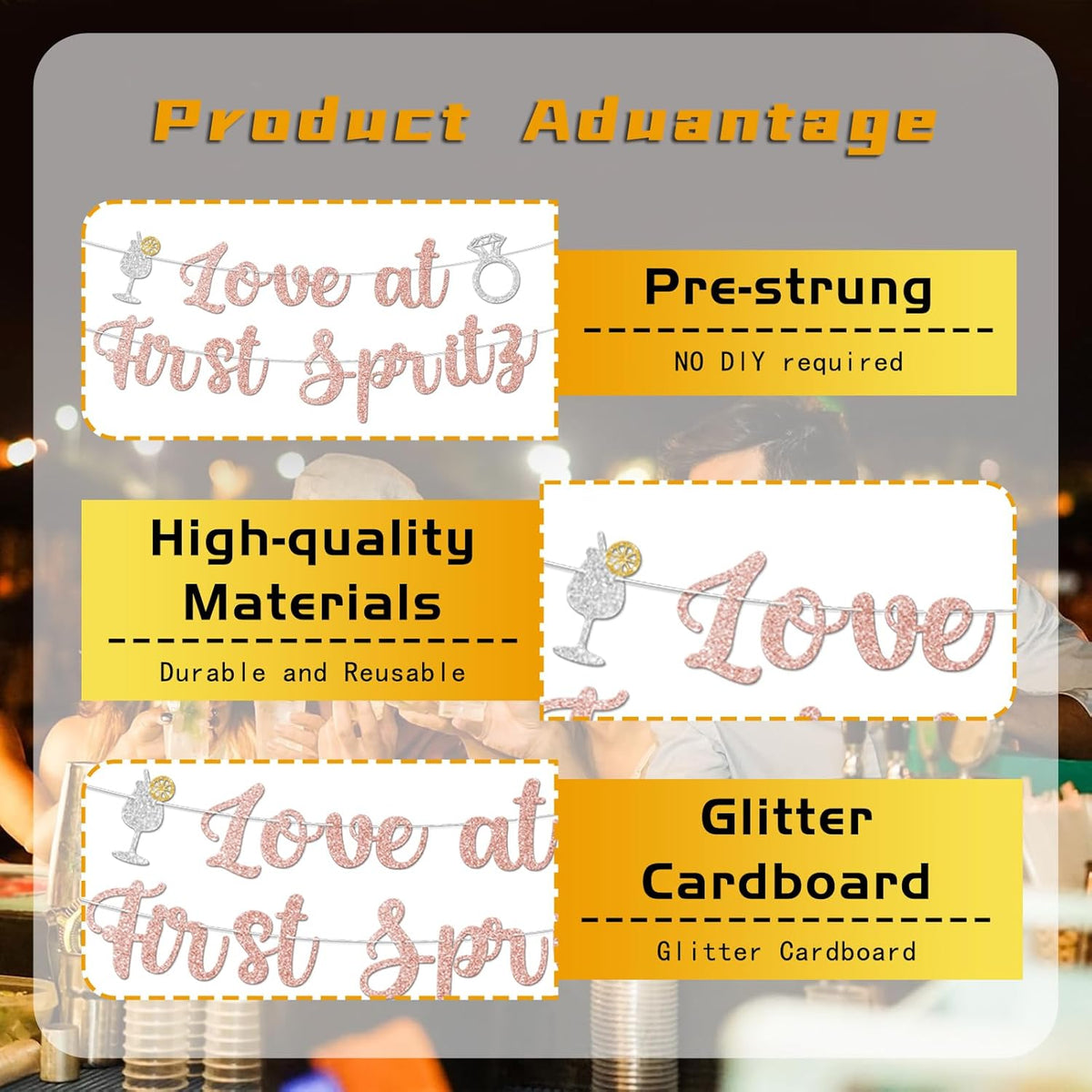 Love At First Spritz Wedding Banner - Bridal Shower Decorations, No Diy, Glitter Just Engaged