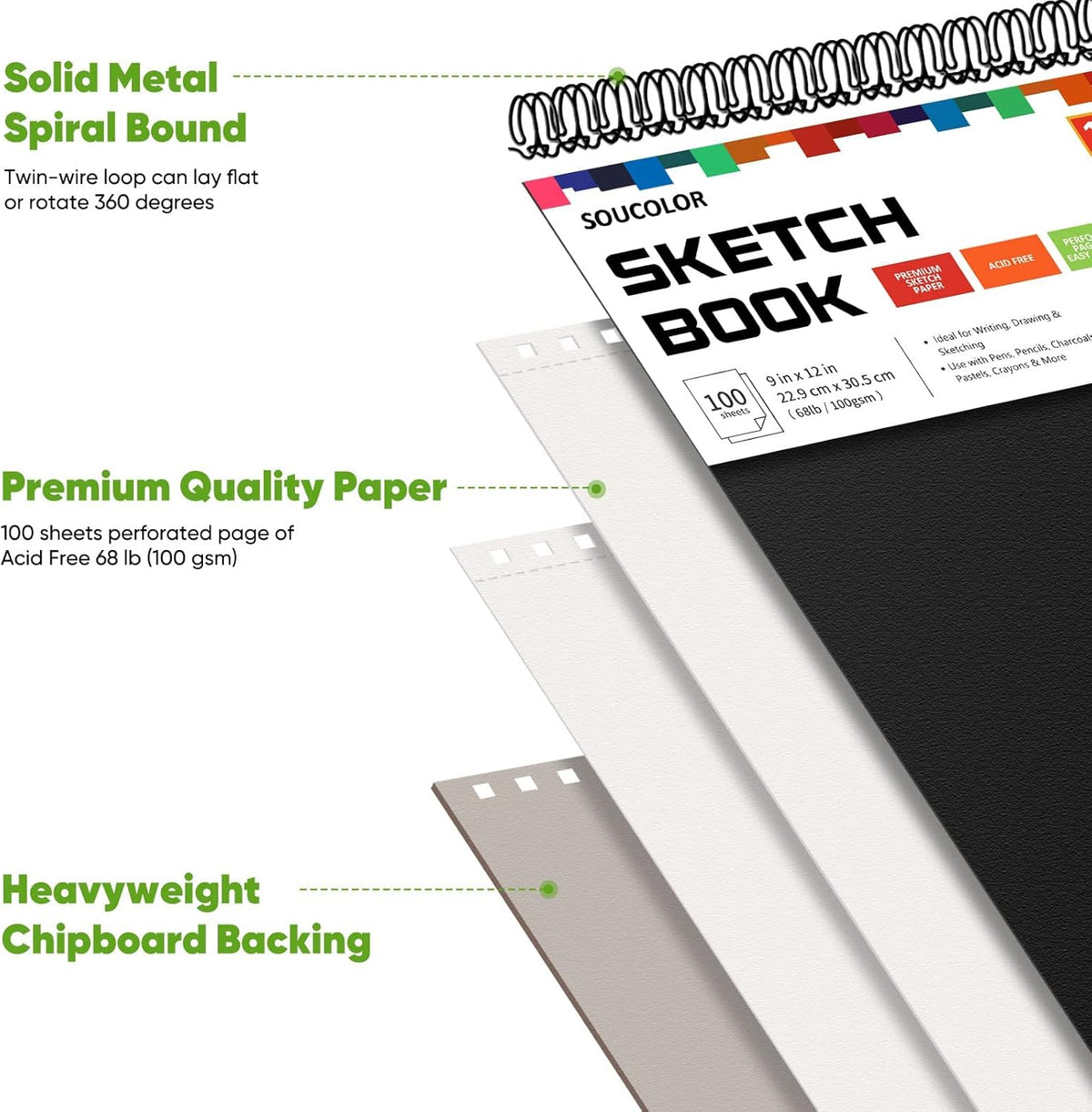 Soucolor Artist 9x12 Sketch Book Set, 4 Pack 100-Sheet Spiral Drawing Pads (68lb/100gsm) |