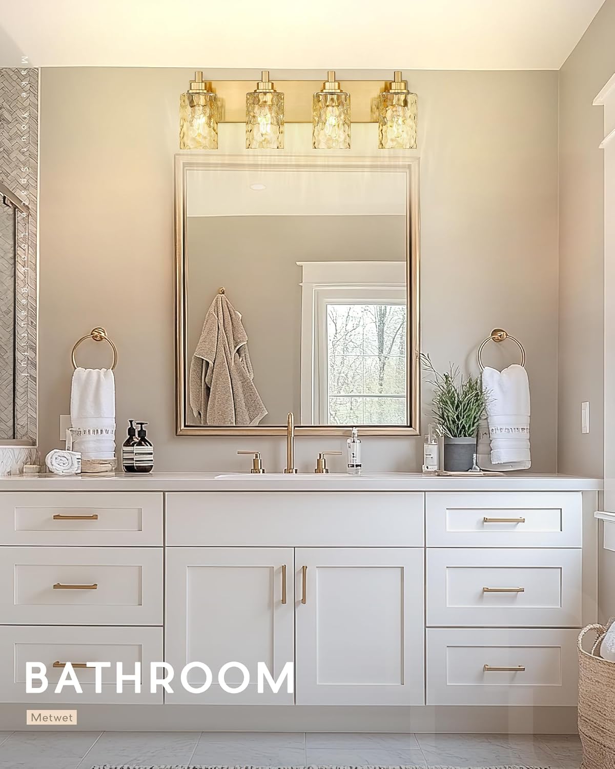 4-Light Bathroom Light Fixtures, 24.5 Inch Brushed Gold Vanity Lights with Clear Hammered Glass