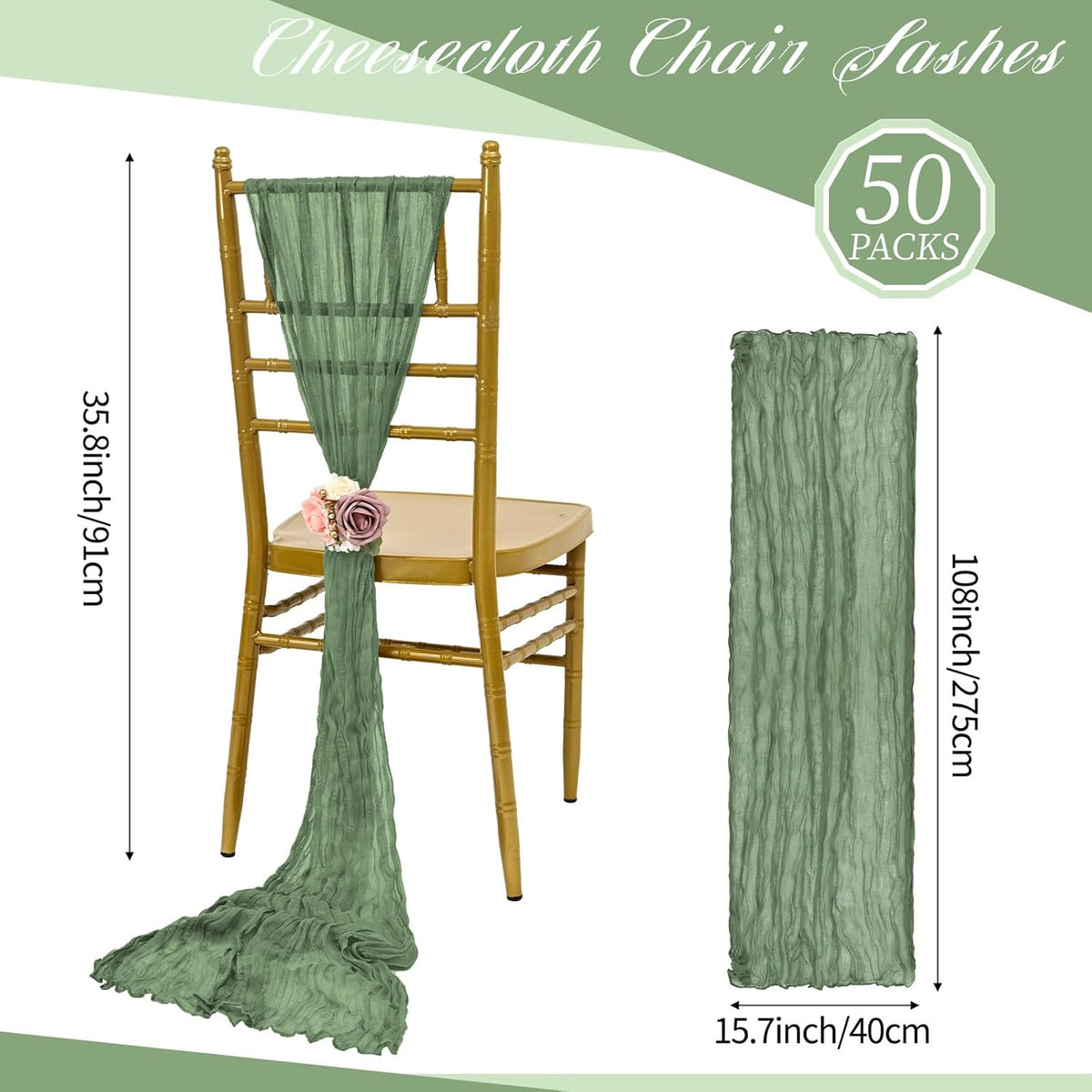 50 PCS Cheesecloth Chair Sashes, Bows Designed ChairSashes, 15.7x108 inch Chair Sashes for Aisle