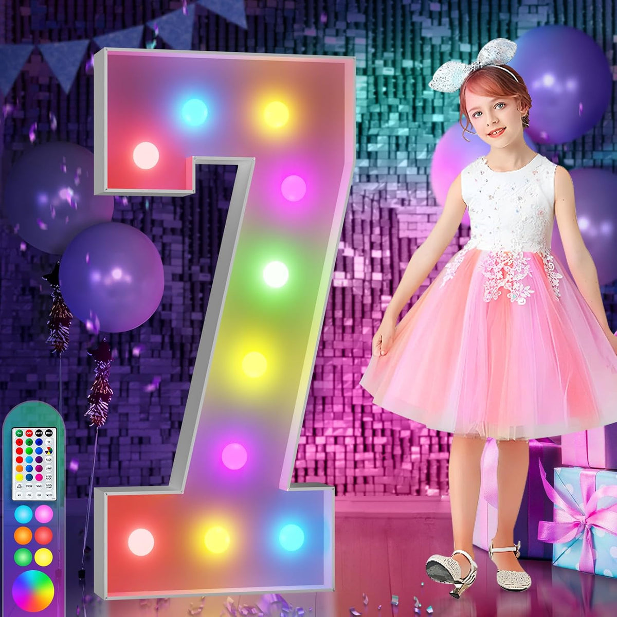 imprsv 4FT Colorful Marquee Numbers,18 Colors Number 7 with Remote, Light Up Numbers Sign for 70th