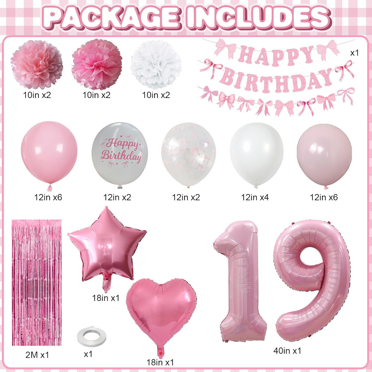 19th Birthday Decorations for Girls Pink Number 19 Balloon Bow Coquette Happy Birthday Banner