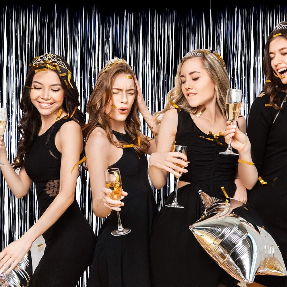 BEISHIDA 2 Pack Foil Fringe Curtain,Black Tinsel Metallic Curtains, Photo Backdrop Streamer Curtain