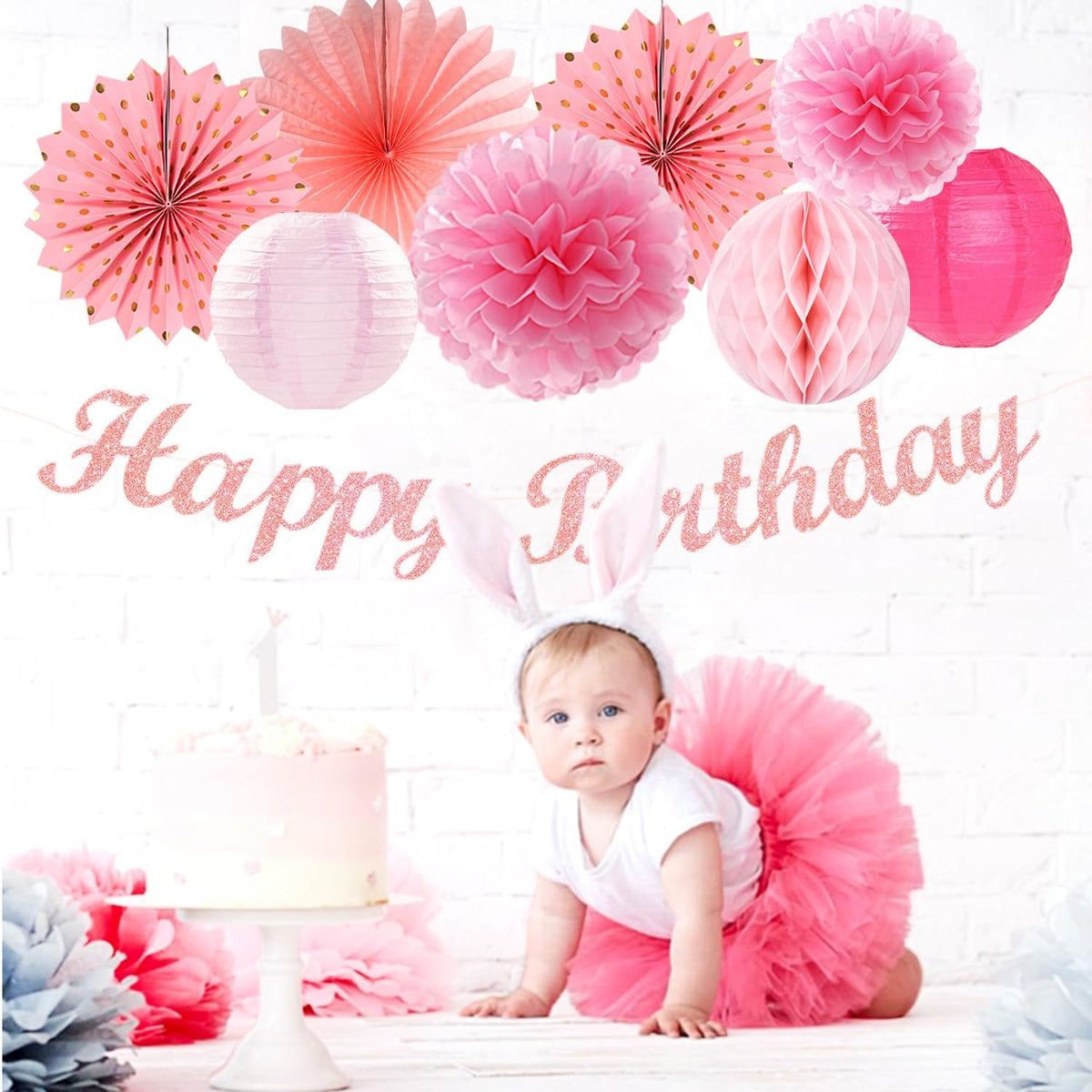 Light Hot Pink Birthday Party-Decorations - 21pcs Girl Happy Banner,Paper Lanterns Honeycomb,Tissue